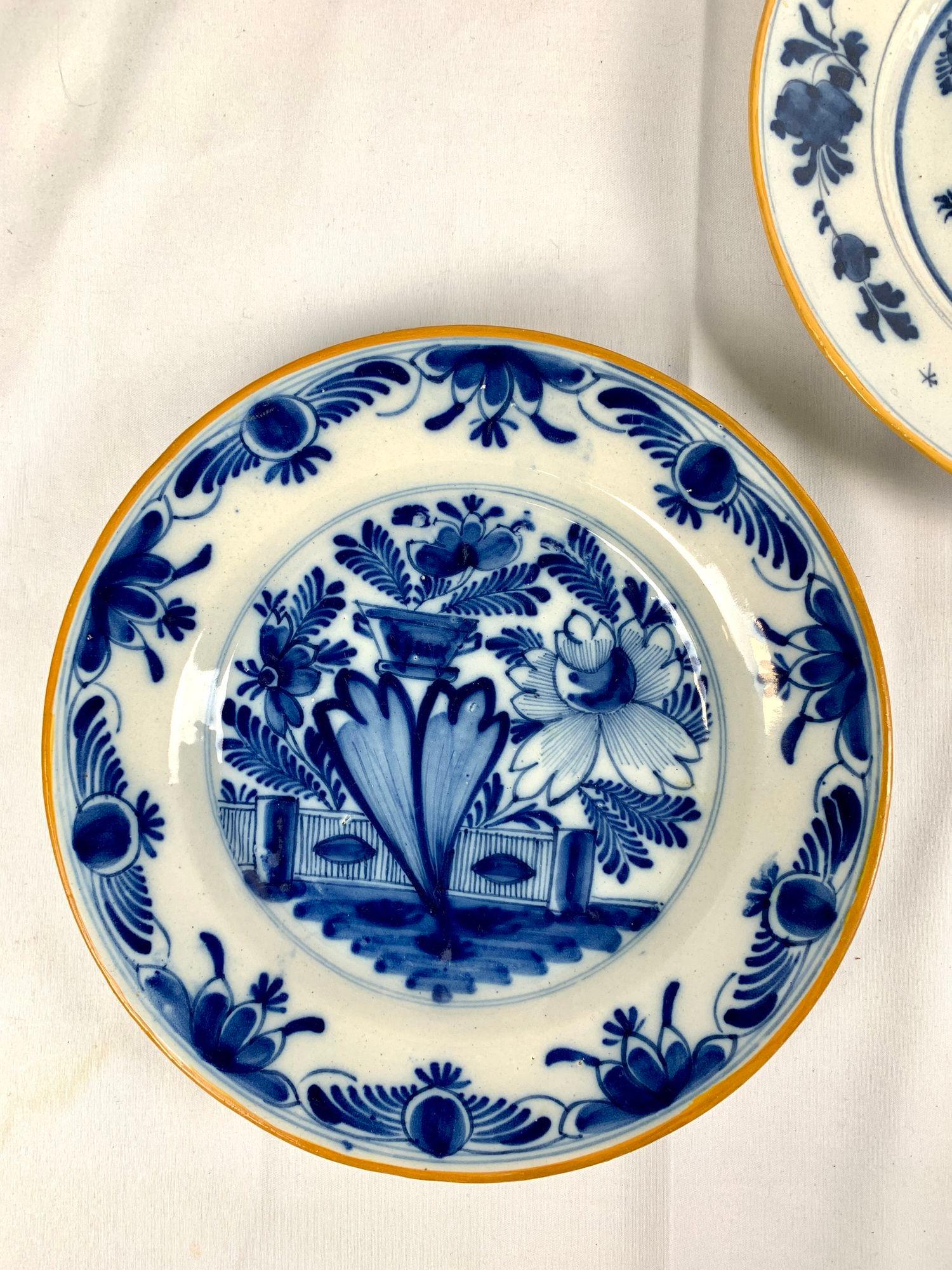 Rococo Five Blue and White Delft Plates or Dishes Hand Painted, Netherlands, Circa 1800 For Sale