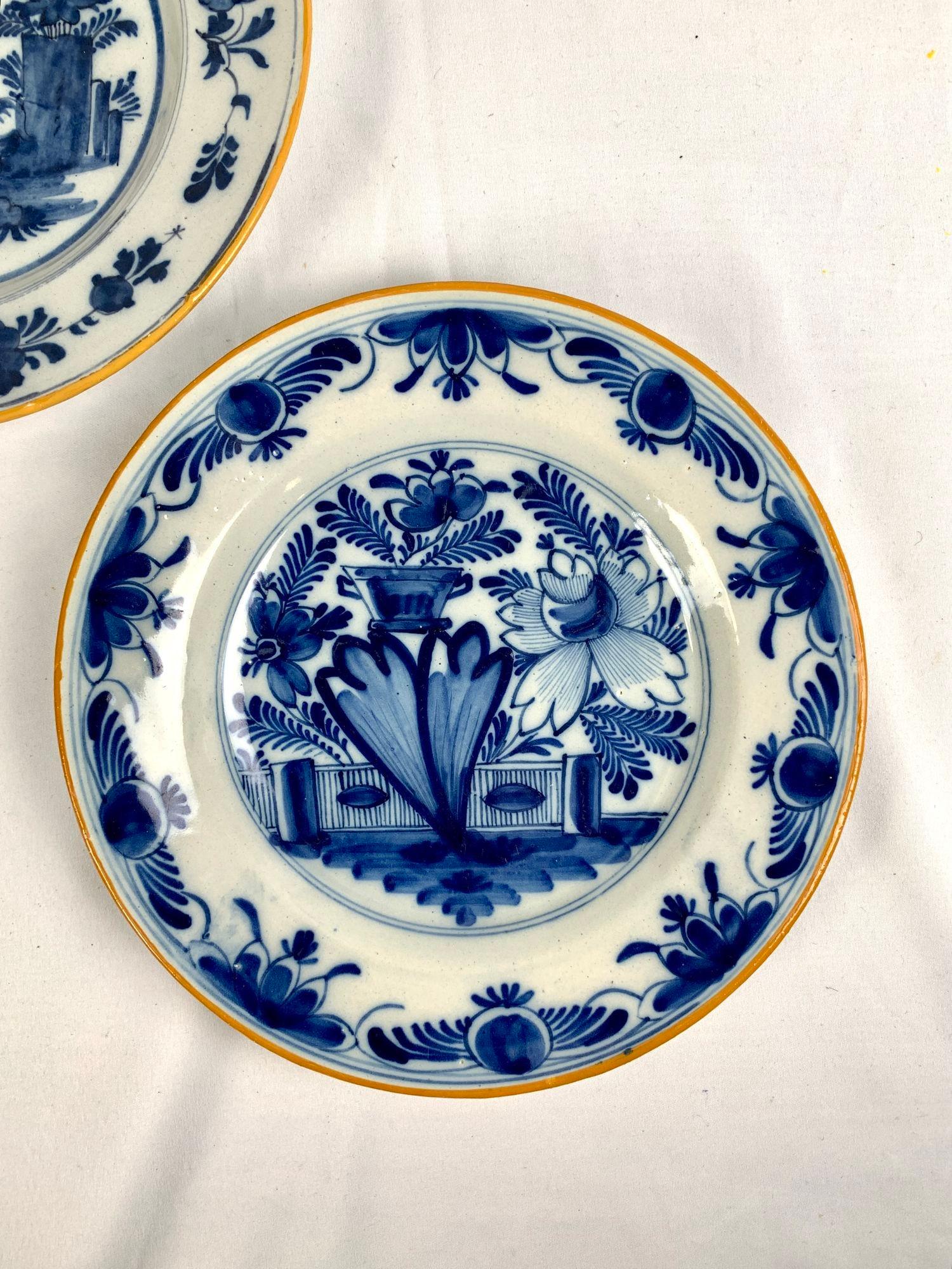 Dutch Five Blue and White Delft Plates or Dishes Hand Painted, Netherlands, Circa 1800 For Sale