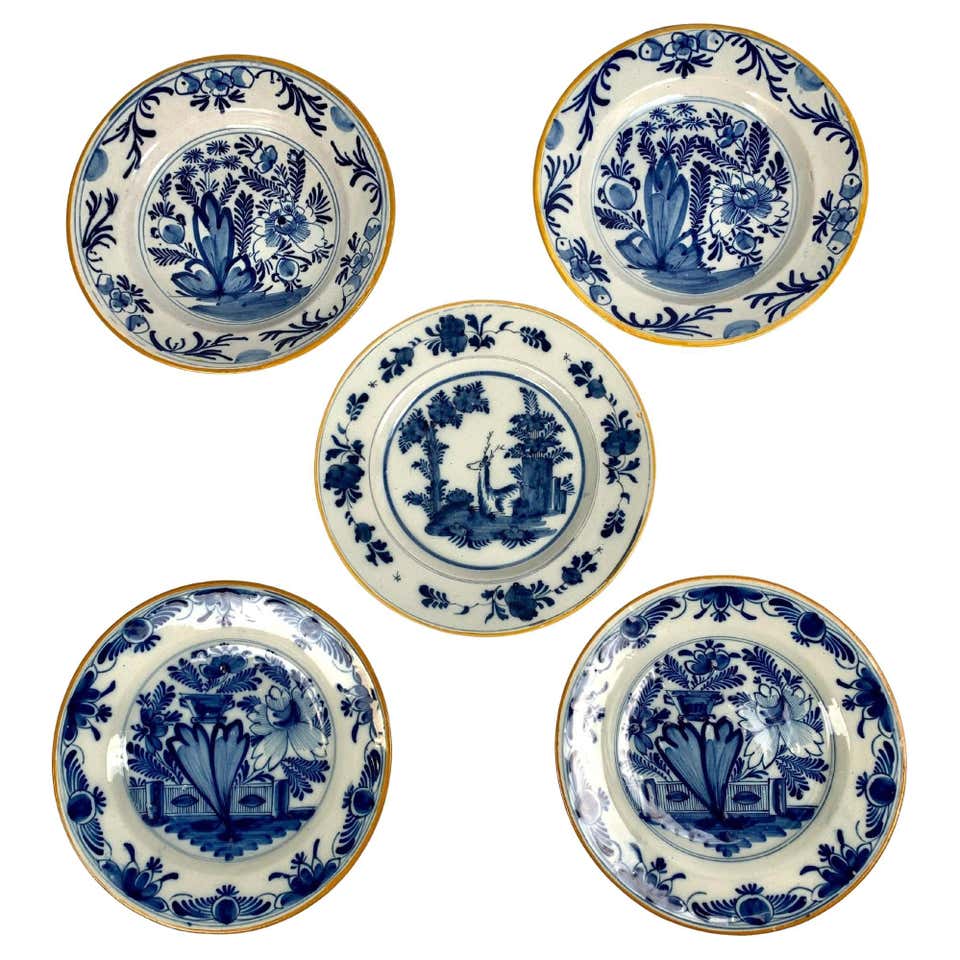 Dutch Sample Plates Five Blue and White Dutch Delft Plates Hand Painted, circa 1800 For ...