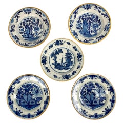 Five Blue and White Delft Plates Hand Painted, Netherlands, circa 1800