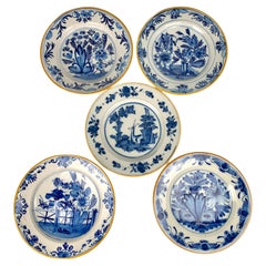 Five Blue and White Dutch Delft Plates Hand Painted, circa 1800
