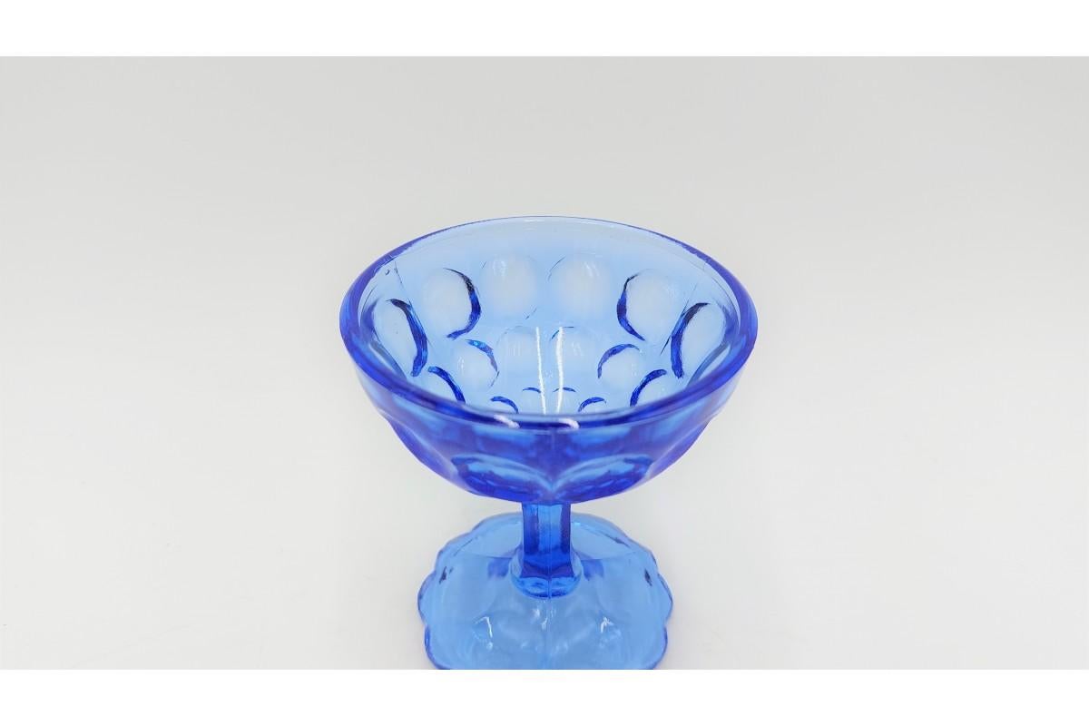 Art Glass Five Blue Cups, Ząbkowice, Poland, 1970s For Sale