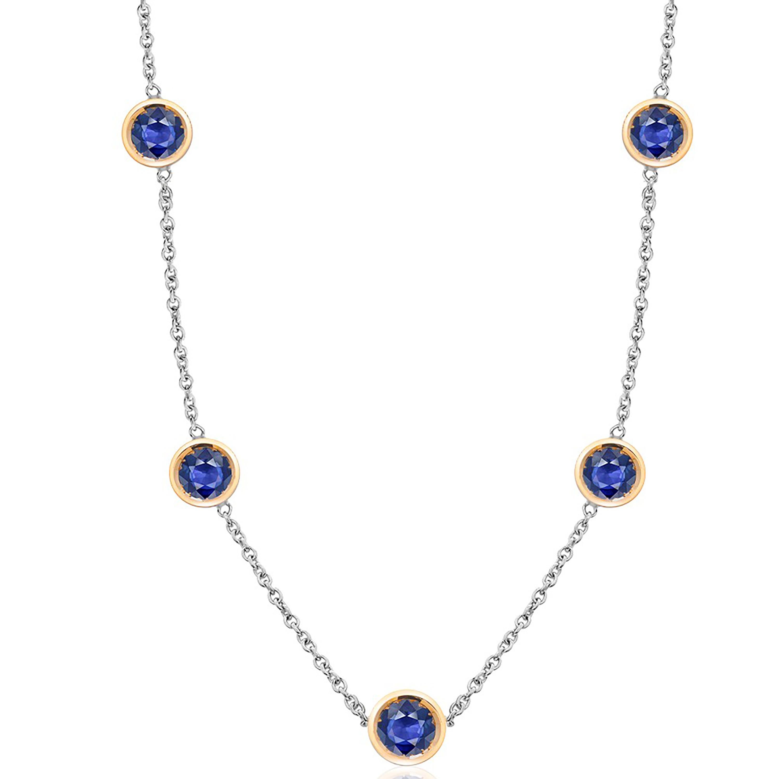 Modern Five Blue Sapphires Bezel Set Two-Tone Gold Pendant Necklace