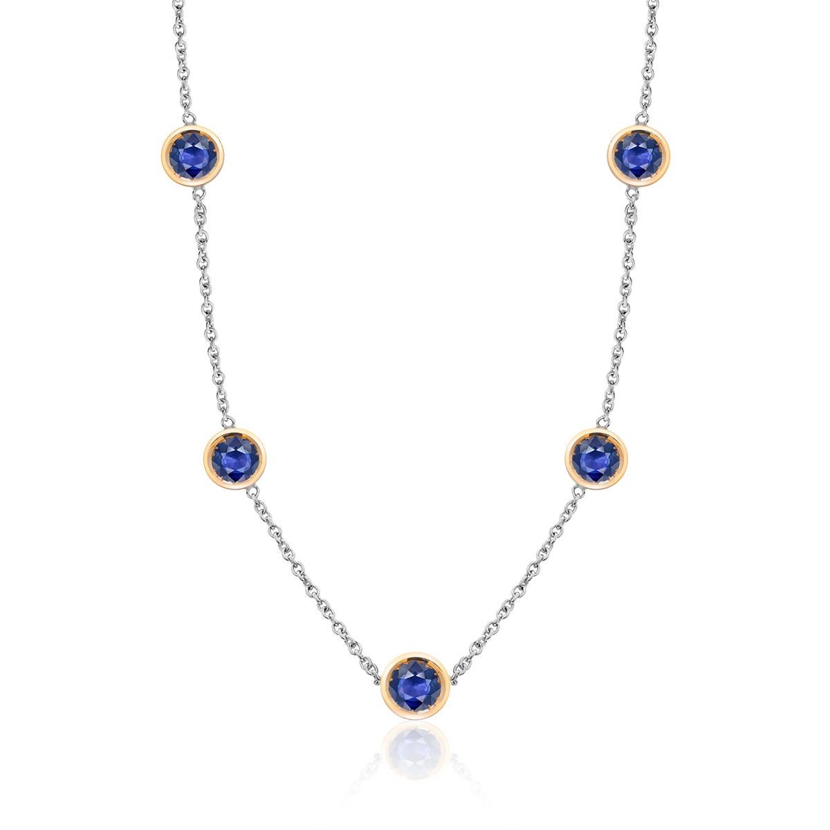 Five Blue Sapphires Bezel Set Two-Tone Gold Pendant Necklace In New Condition In New York, NY