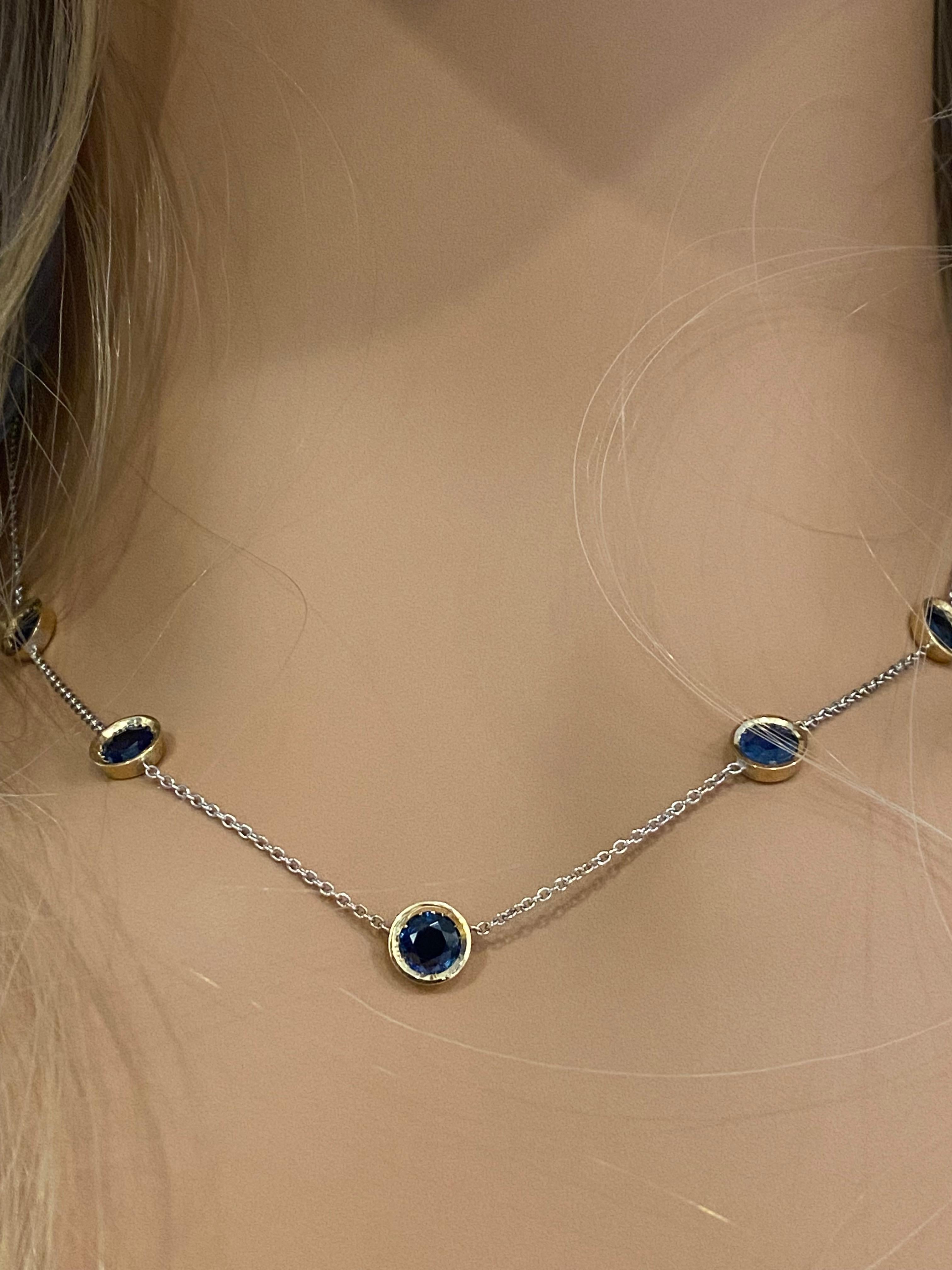 Round Cut Five Blue Sapphires Bezel Set Two-Tone Gold Pendant Necklace