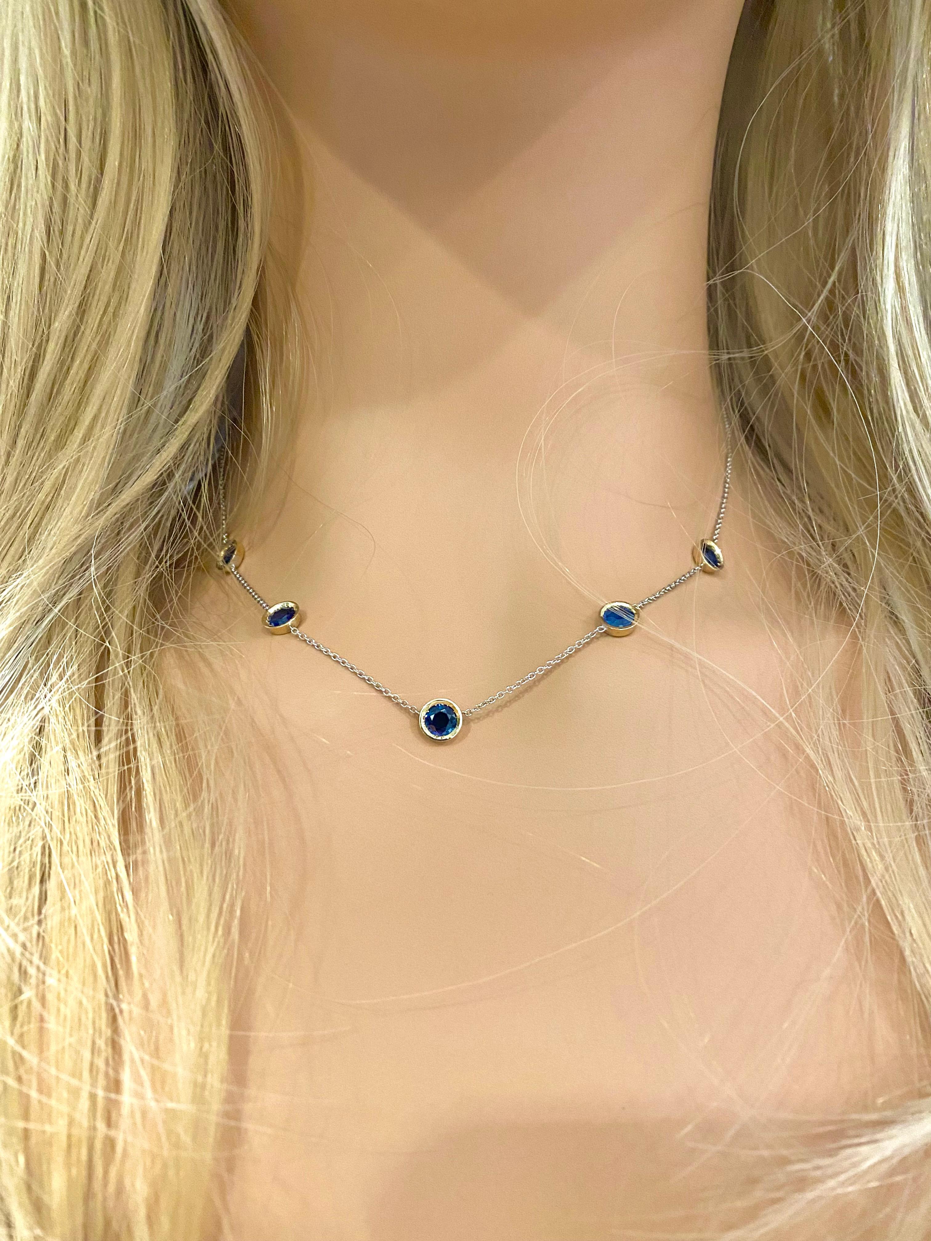 Women's or Men's Five Blue Sapphires Bezel Set Two-Tone Gold Pendant Necklace