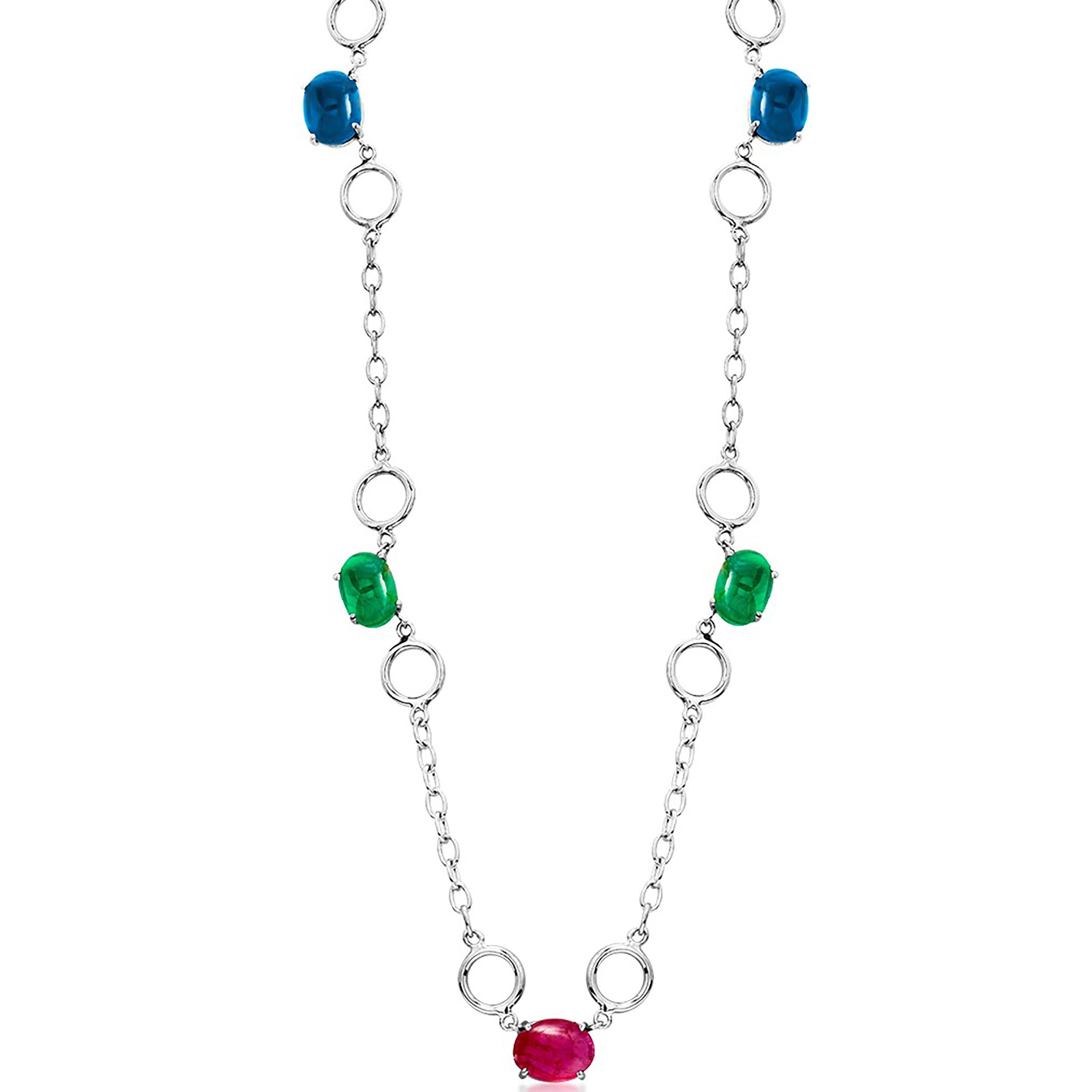 Women's or Men's Five Cabochon Sapphire Ruby Emerald Sautoir White Gold Necklace