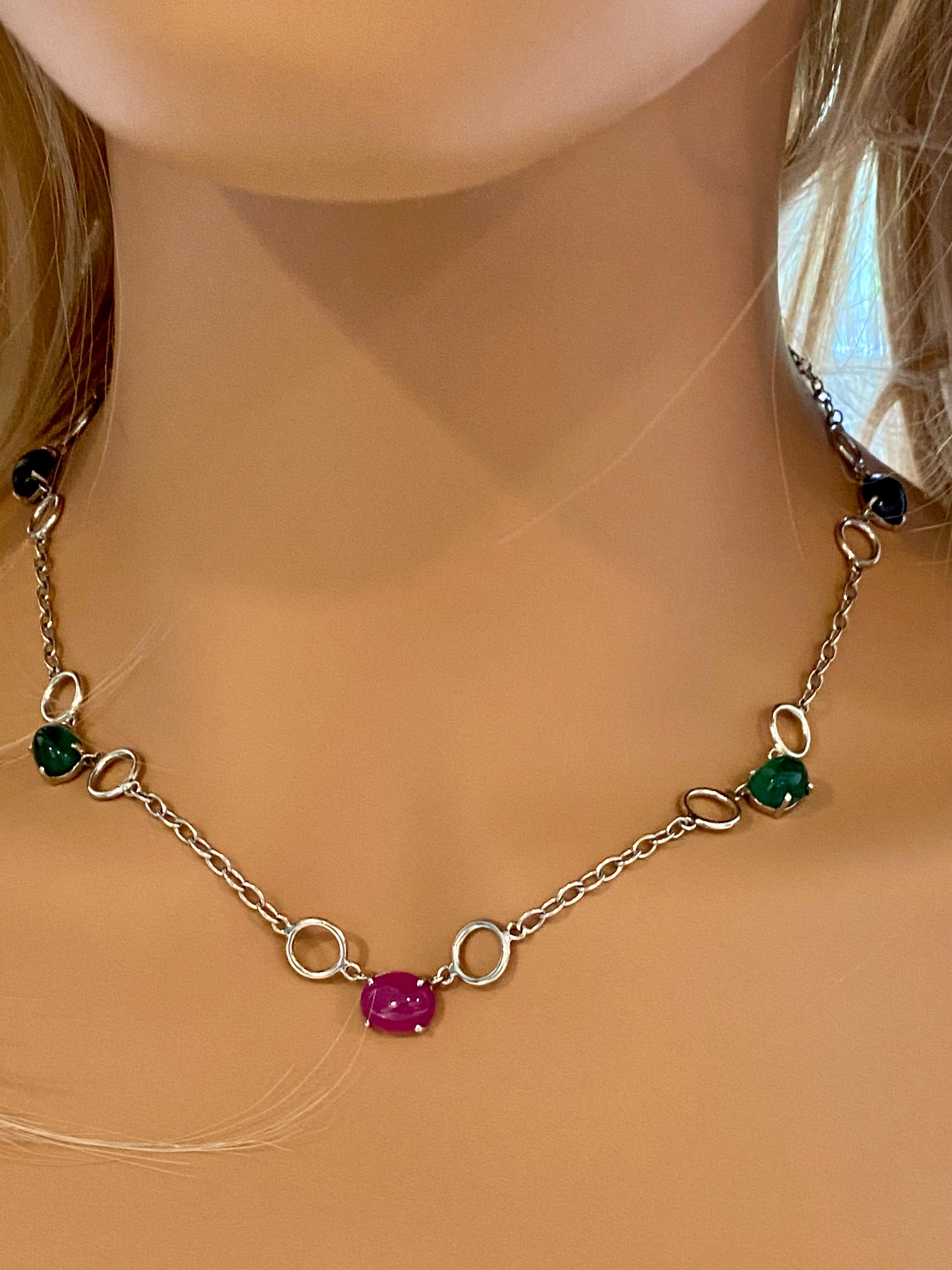 Five Cabochon Sapphire Ruby Emerald Sautoir White Gold Necklace In New Condition In New York, NY