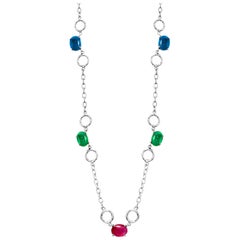 Five Cabochon Sapphire Ruby Emerald Sautoir White Gold Necklace