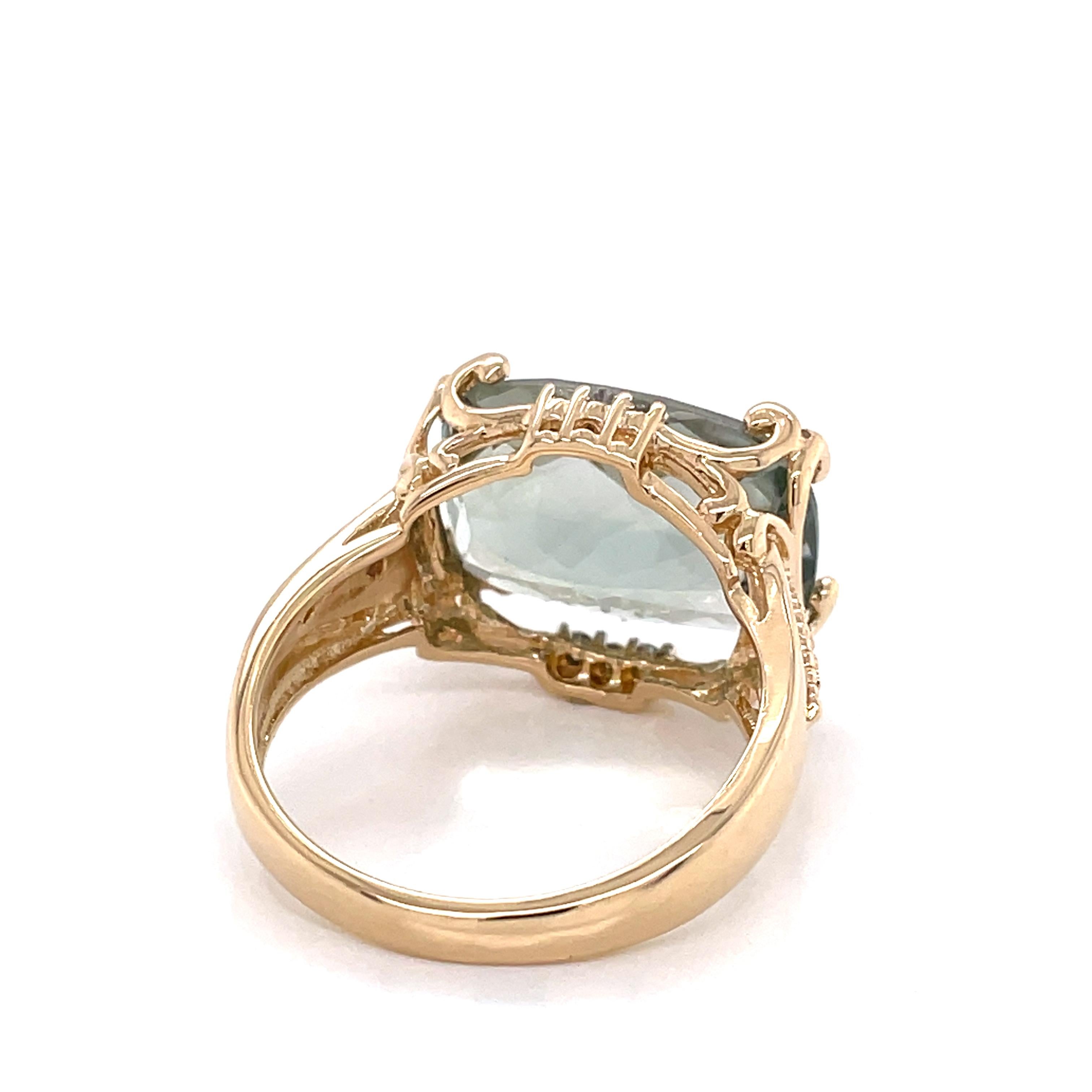 5 Carat Green Amethyst 14 Karat Cocktail Ring with Diamond Accents In Excellent Condition In Mount Kisco, NY