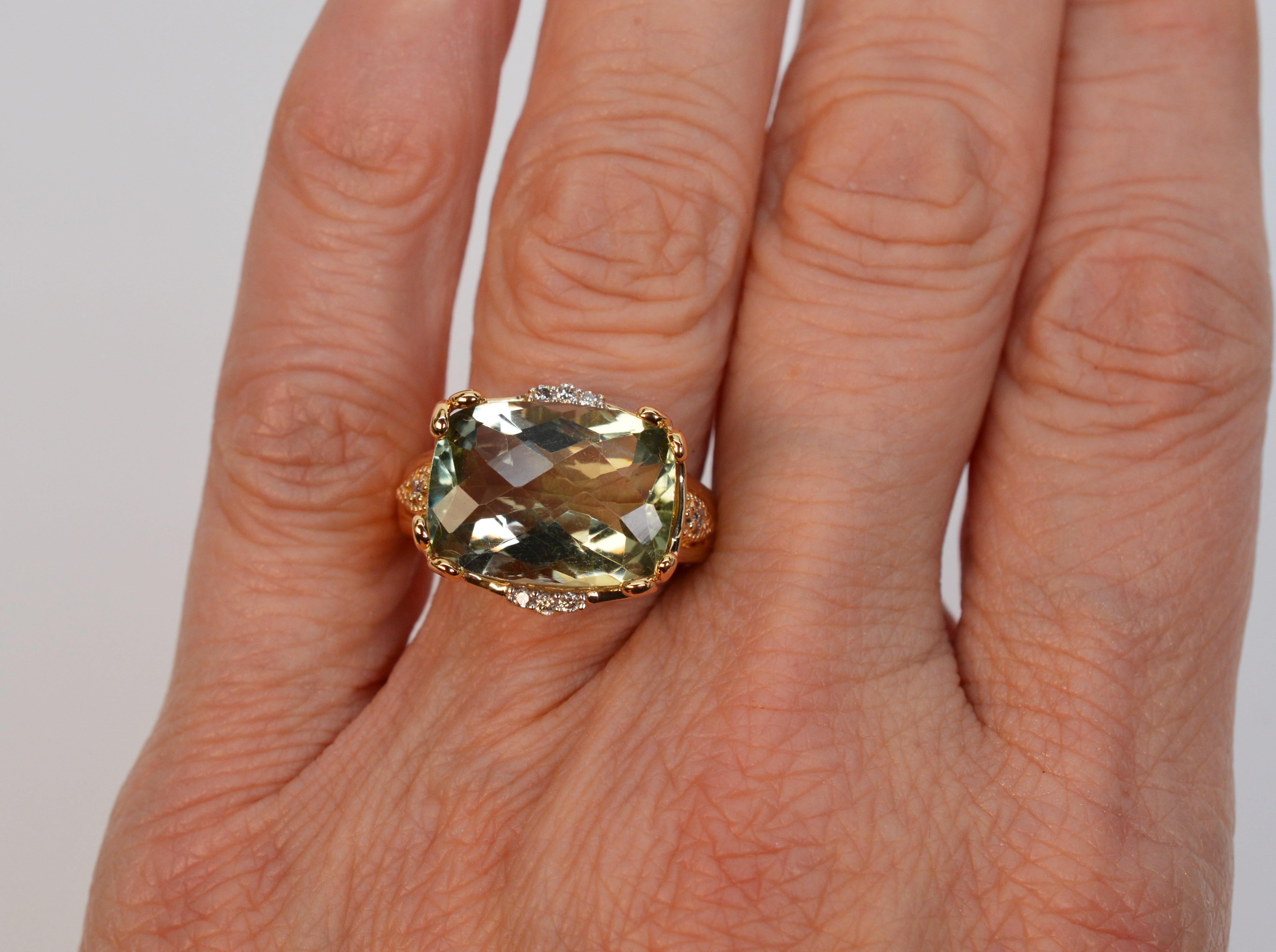 5 Carat Green Amethyst 14 Karat Cocktail Ring with Diamond Accents 3