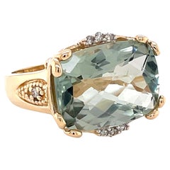 Five Carat Green Amethyst 14 Karat Cocktail Ring with Diamond Accents