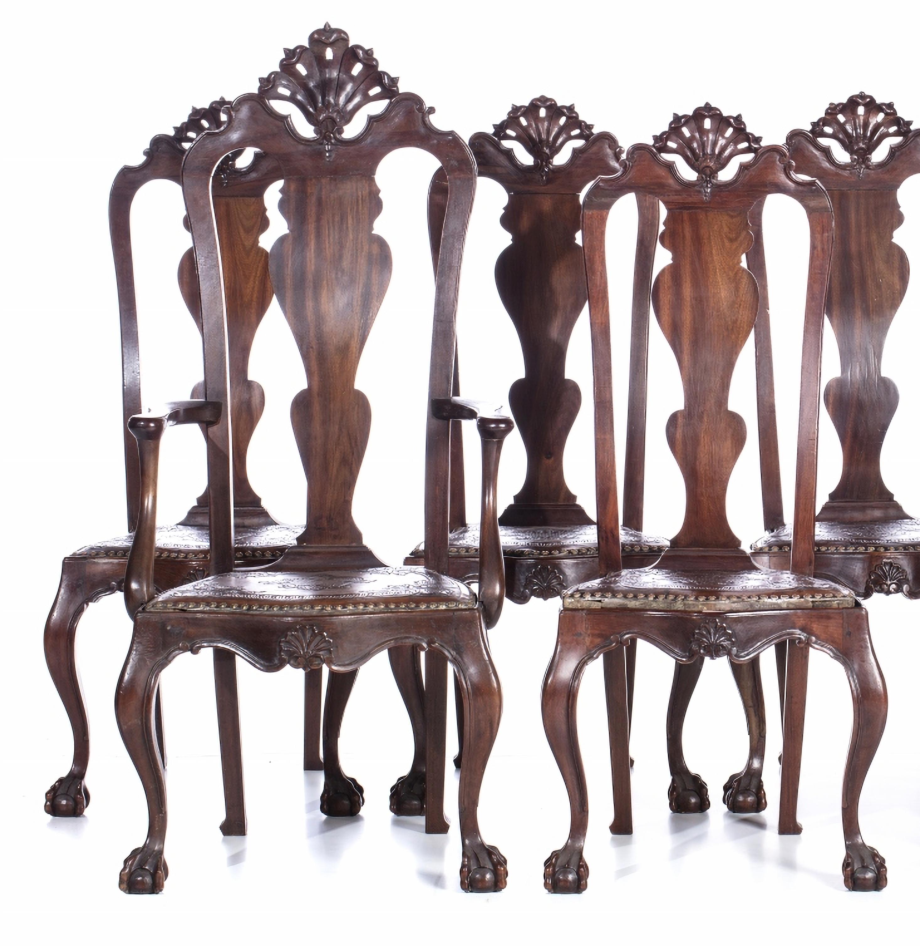 Baroque Five Chairs and Two Armchairs Portuguese of the 18th Century