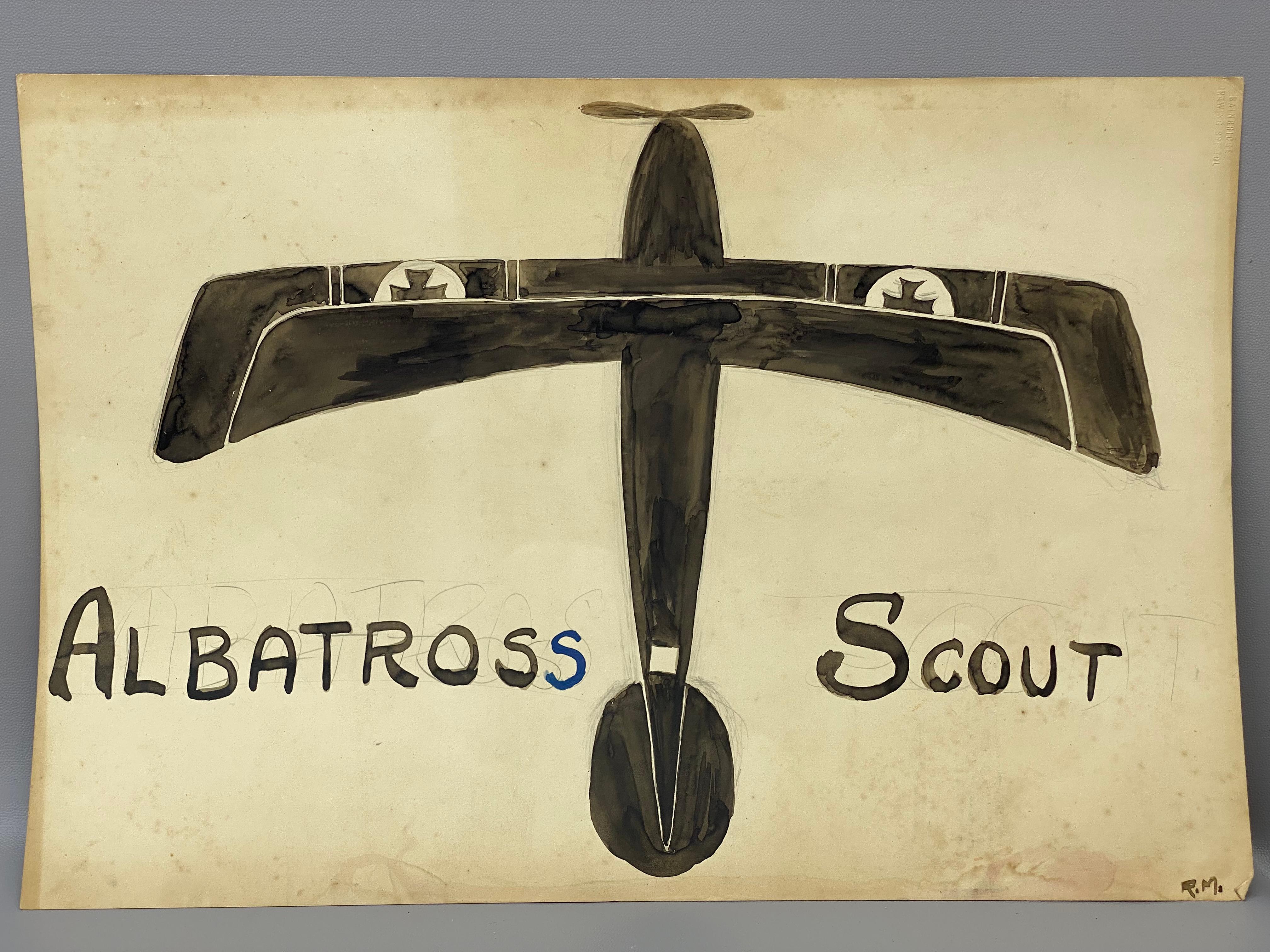 Un rendering di silhouette per bambini di cinque aerei da combattimento inglesi e tedeschi della Prima Guerra Mondiale, tra cui: Albatross Scout, Sopwith Camel, The Rumpler, Gotha e Handly-Page. Il tutto realizzato in acquerello nero su carta.