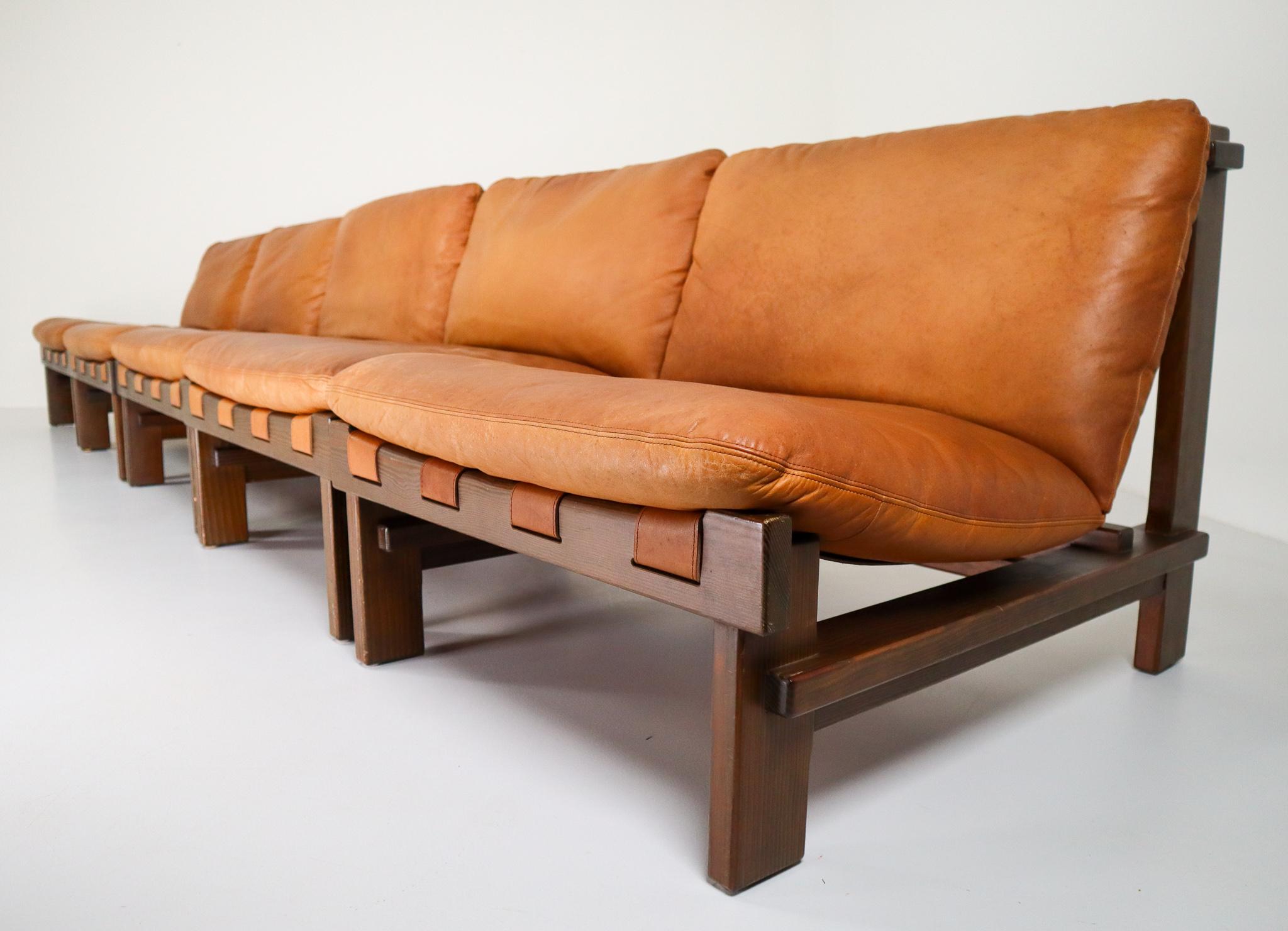 Mid-Century Modern Five Cognac Leather lounge Chairs, Sofa by Carl Straub Germany, 1960s