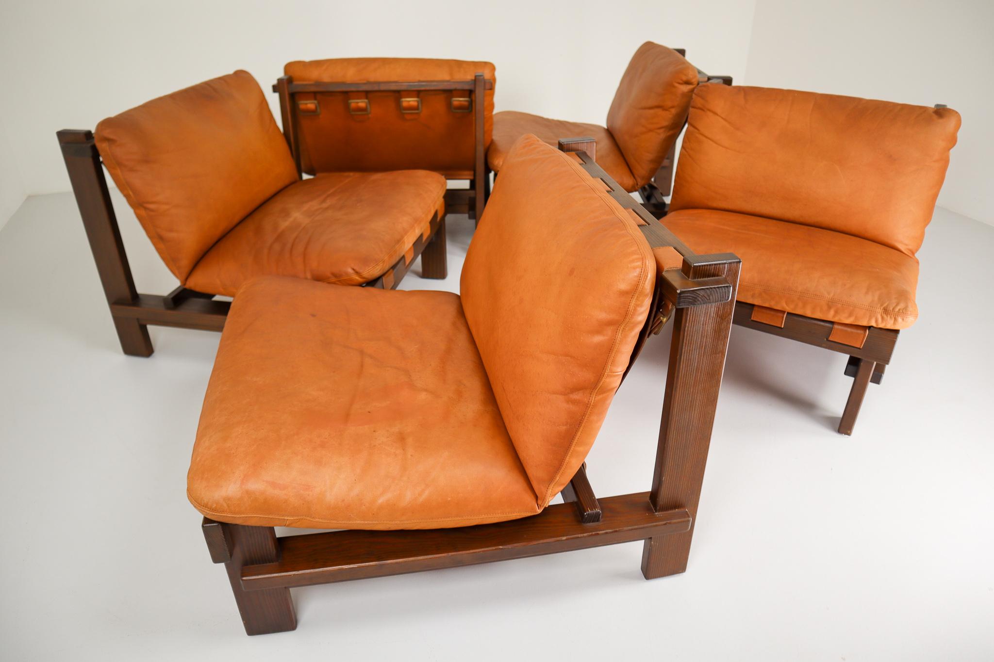 Five Cognac Leather lounge Chairs, Sofa by Carl Straub Germany, 1960s In Good Condition In Almelo, NL