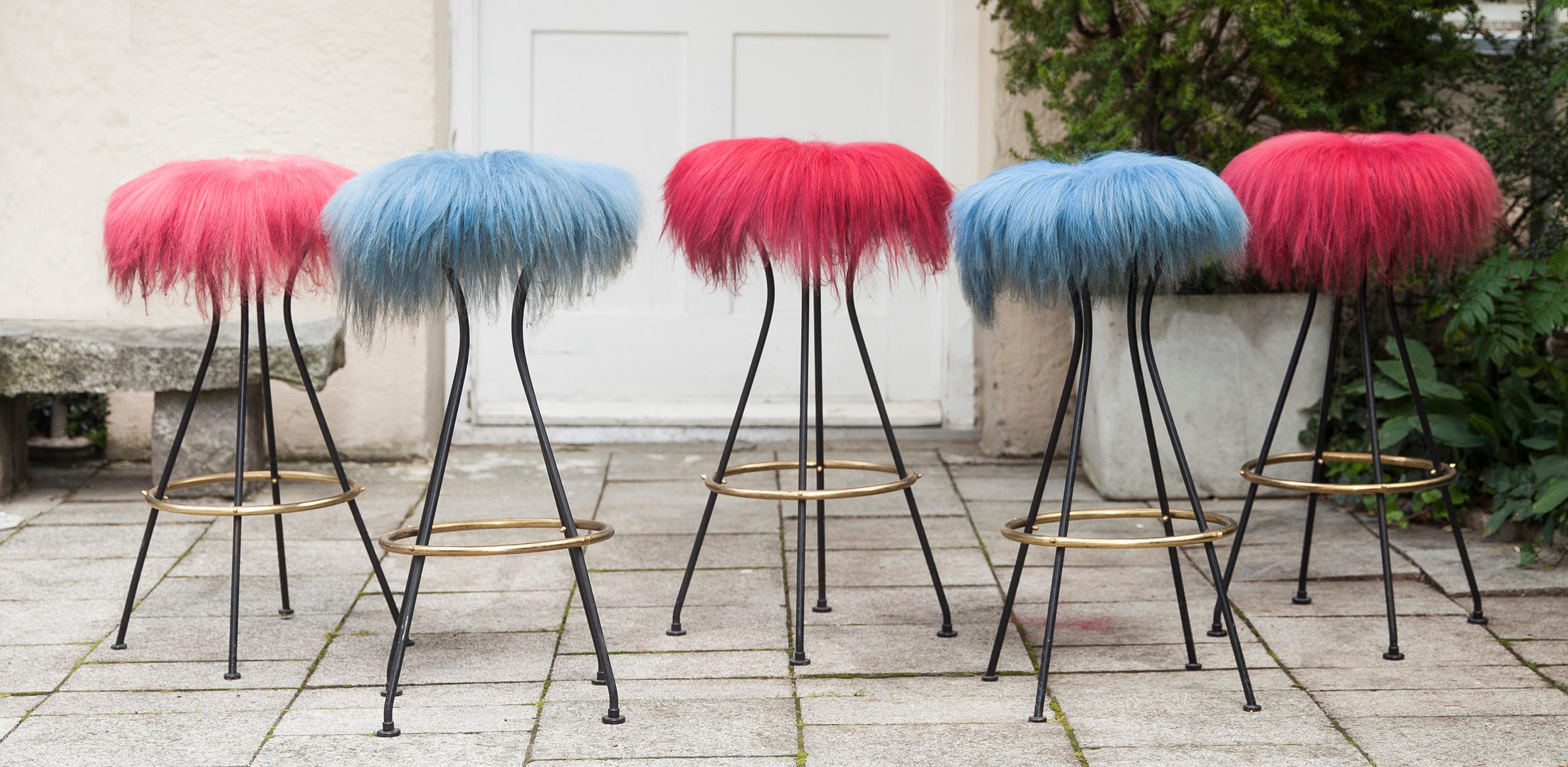Mid-Century Modern Five Colored Lambskin Bar Stools, Germany, 1950s
