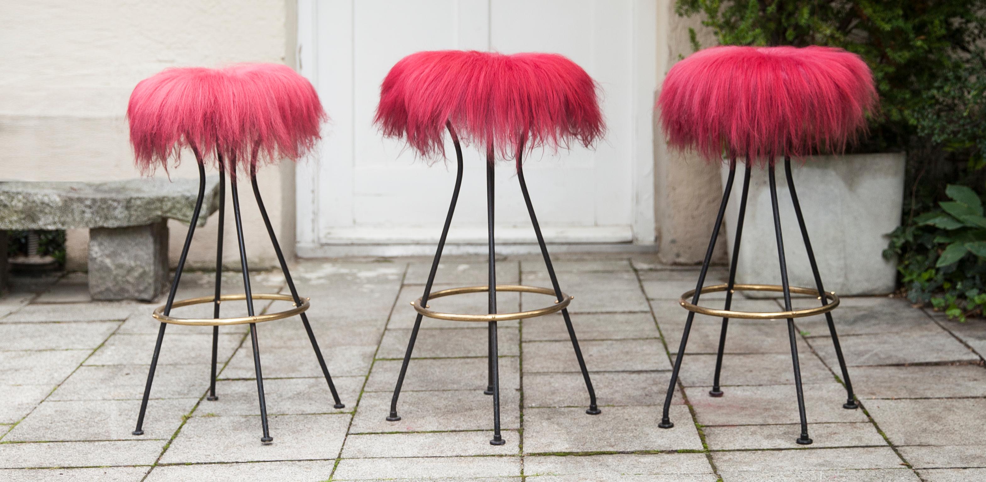 Brass Five Colored Lambskin Bar Stools, Germany, 1950s