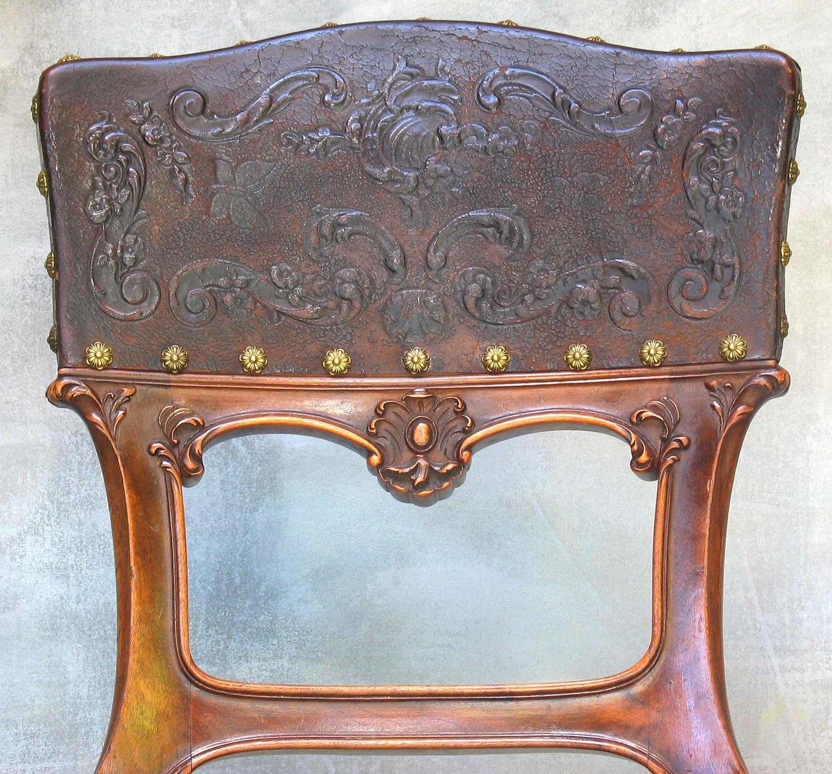 Five Continental Embossed Leather Carved Walnut Rococo Revival Dining Chairs For Sale 2