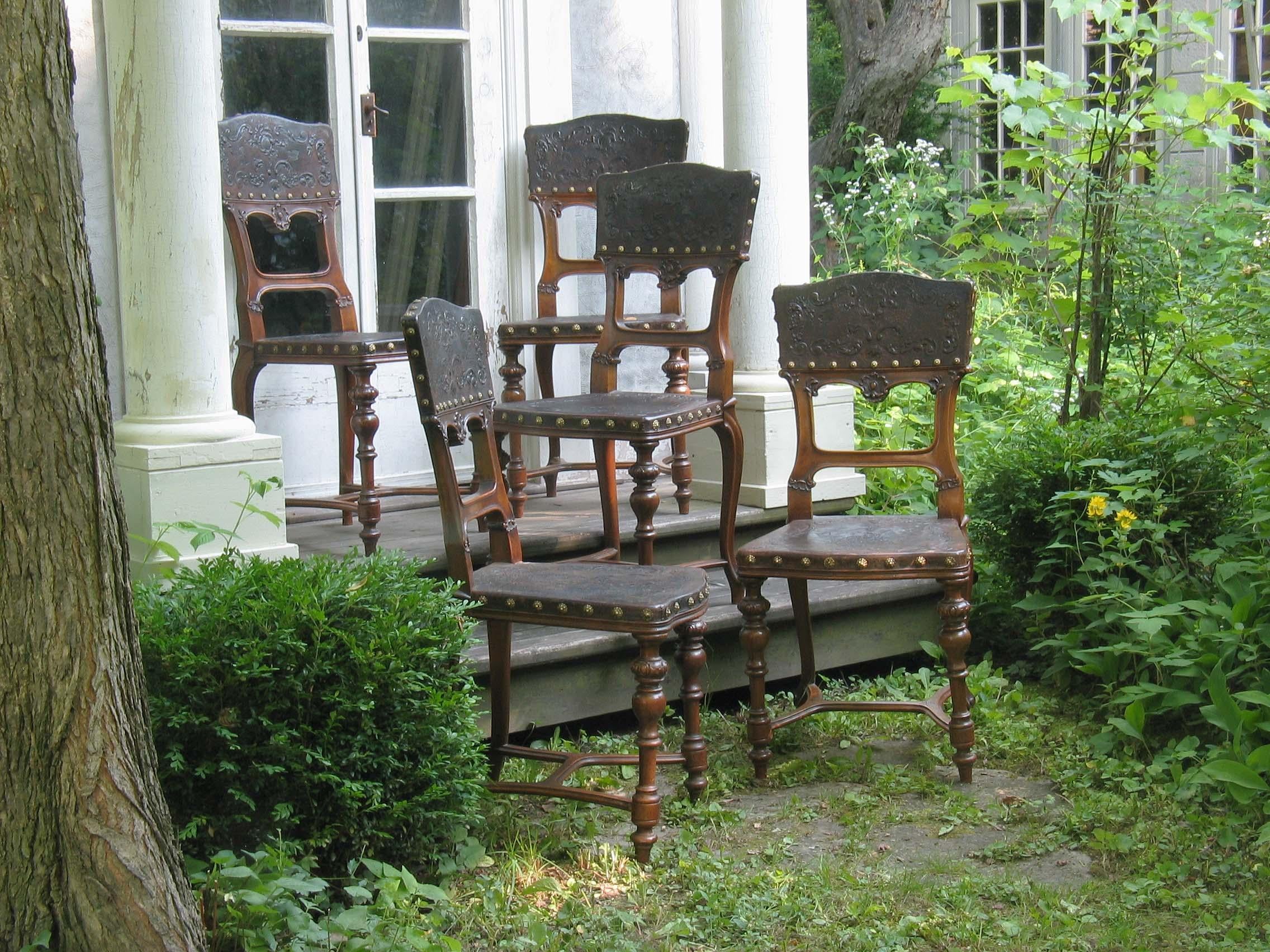 Five Continental Embossed Leather Carved Walnut Rococo Revival Dining Chairs For Sale 4