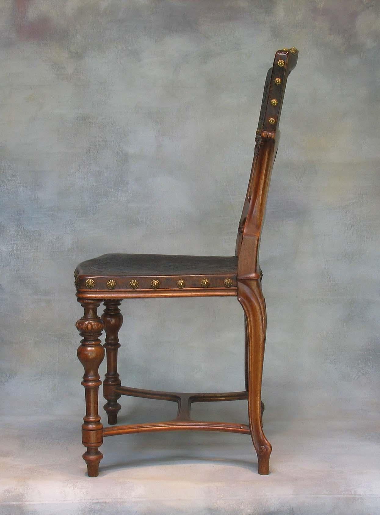 Hand-Crafted Five Continental Embossed Leather Carved Walnut Rococo Revival Dining Chairs For Sale