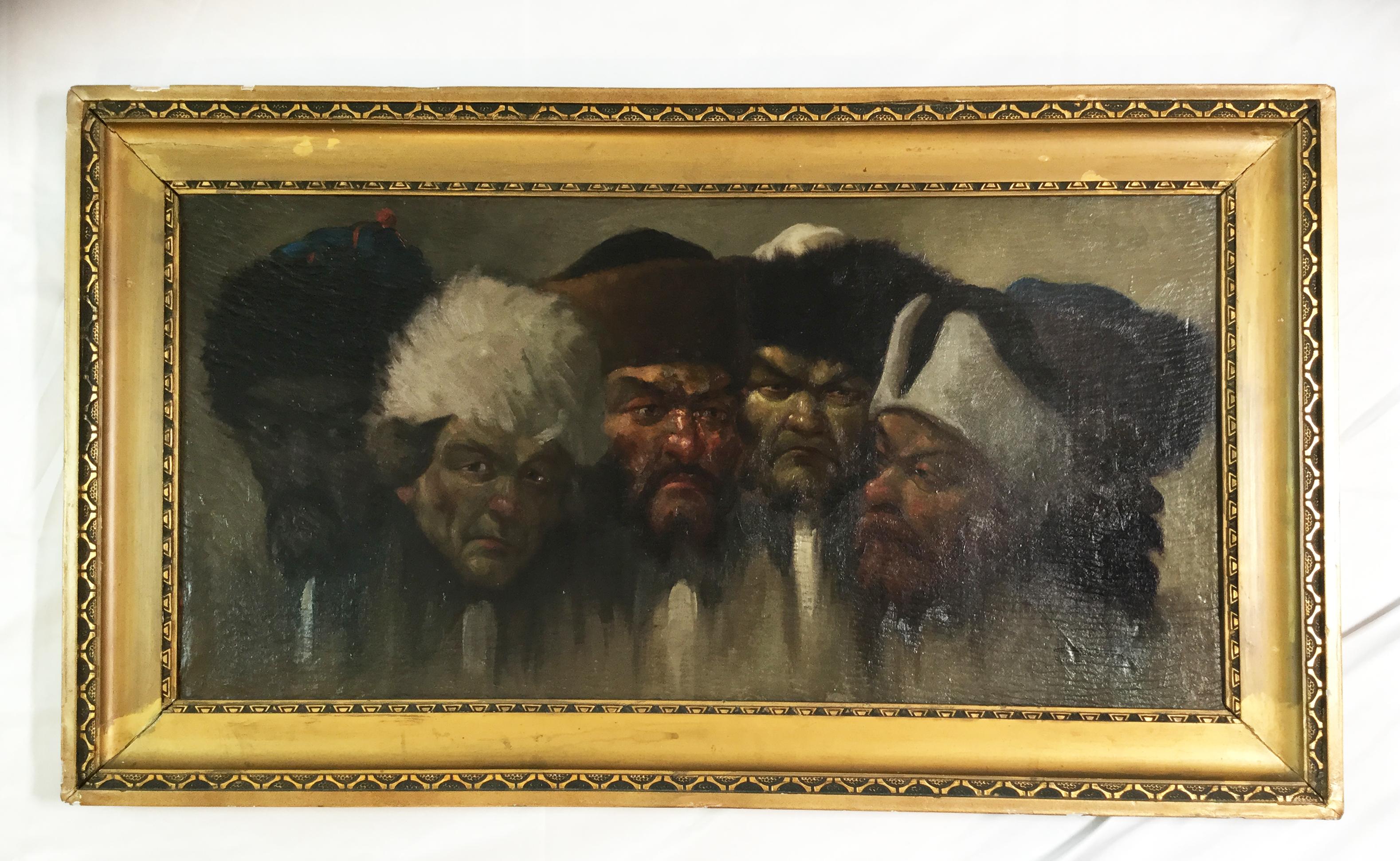 Huile sur carton représentant cinq (5) cosaques. Signé probablement Martin Galambos  daté de 1914. Cadre original en bois avec quelques éclats et pertes dus à l'âge. Mesures : 32