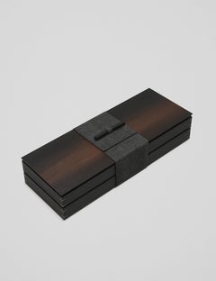 Juego de cinco cuchillos de acero de Damasco con caja expositora de roble de los pantanos de 3000-5000 años de antigüedad