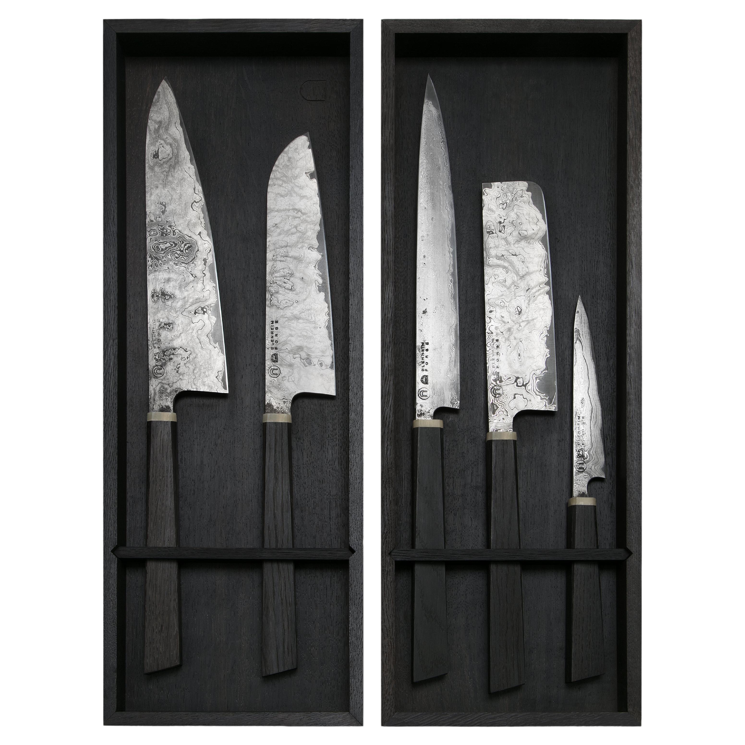 Ensemble de cinq couteaux en acier de Damascus avec boîte d'exposition en chêne de 3000 à 5000 ans en vente