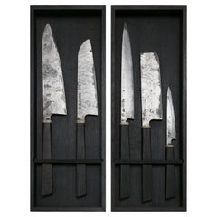 Five Damascus Steel Knife Set with 3000-5000 Year-Old Bog-Oak Display Box