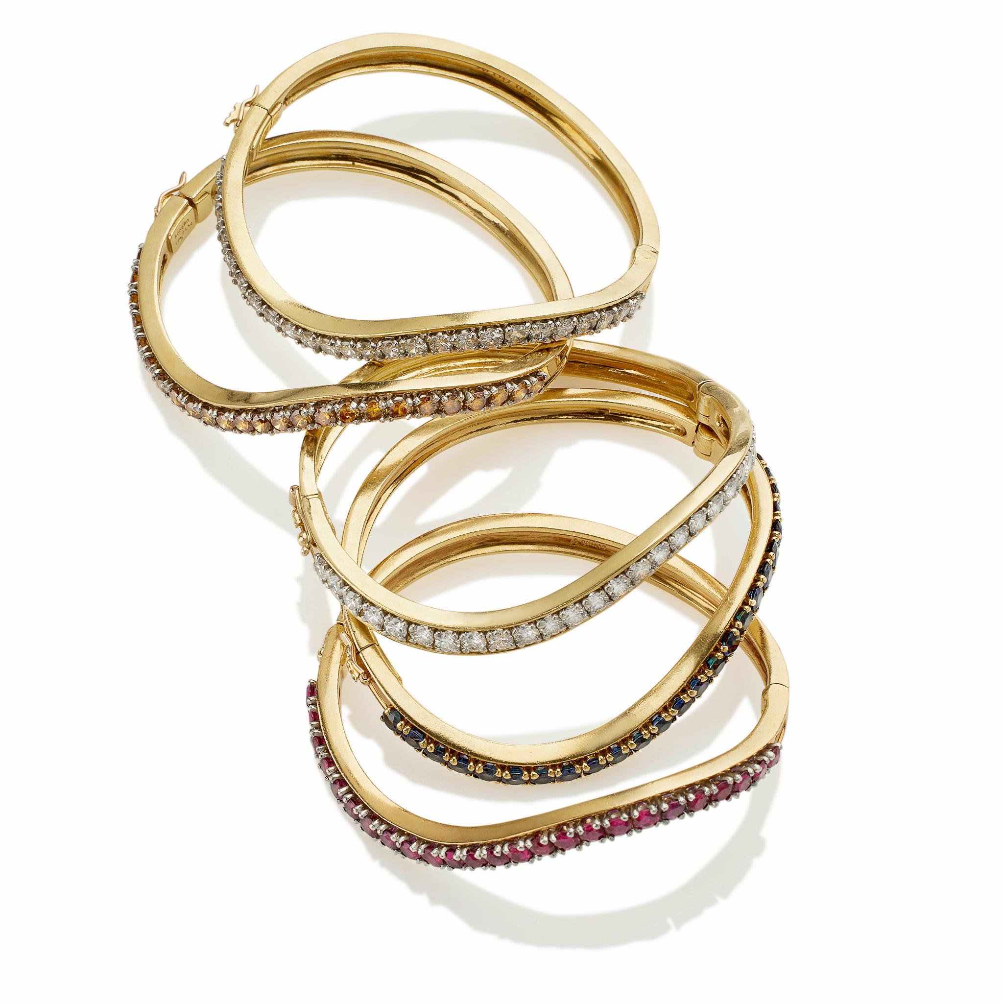 Five Diamond and Gem-set Oscar Heyman Bangle Bracelets In Excellent Condition For Sale In New York, NY