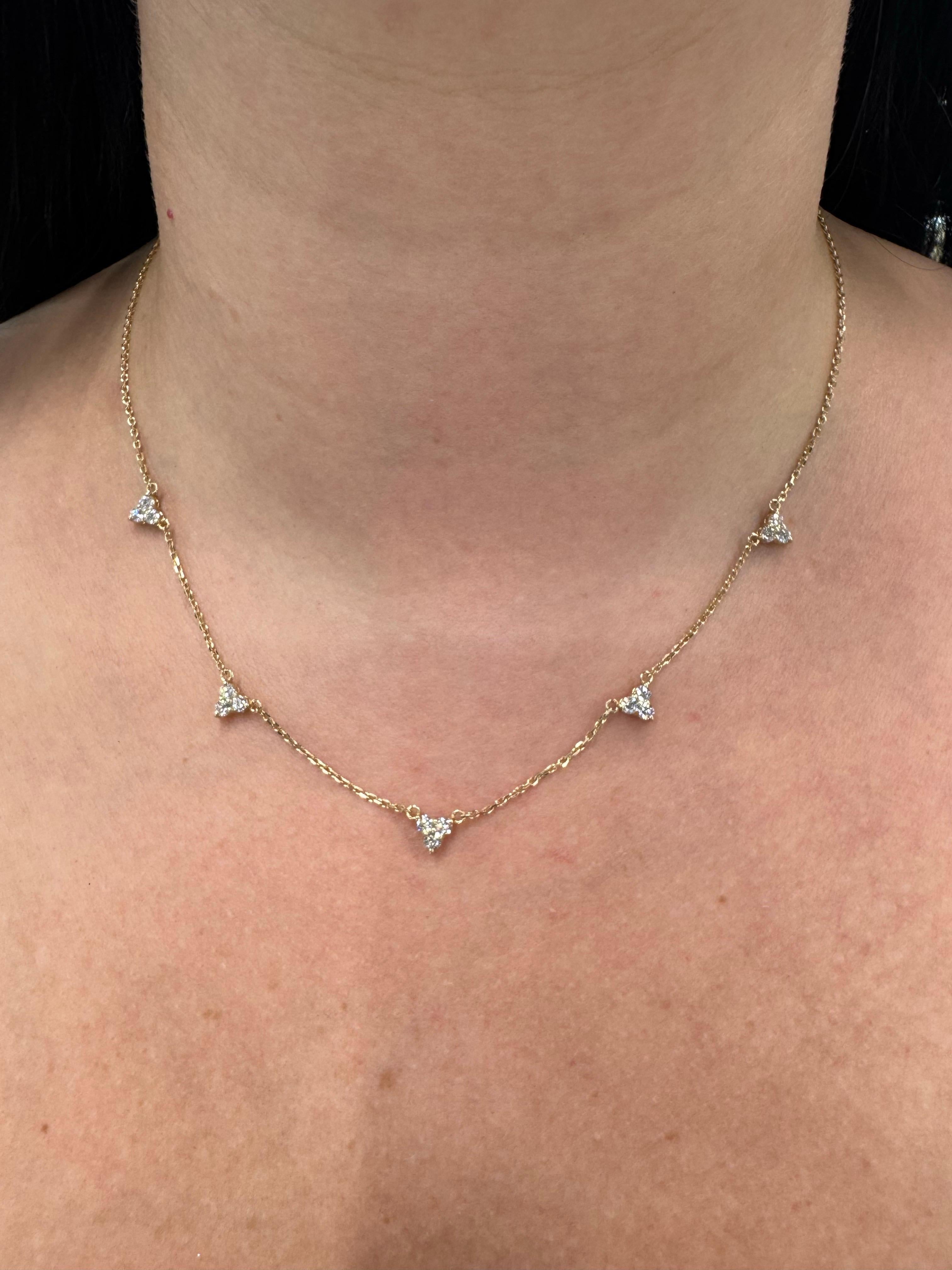 Five Diamond Drop Station Necklace 0.86 Carats 14KT Yellow Gold F-G VS2-SI1 For Sale 4