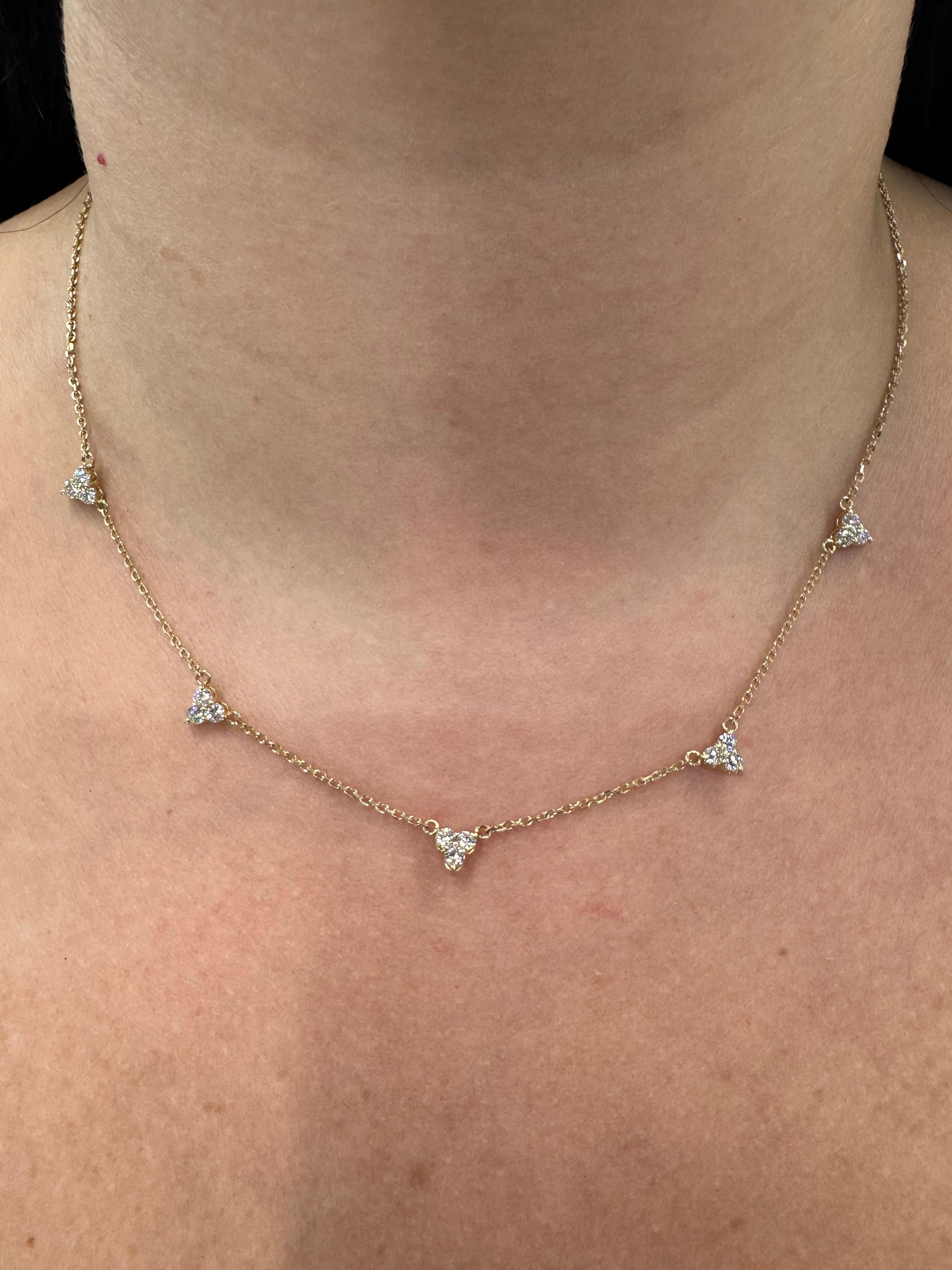 Five Diamond Drop Station Necklace 0.86 Carats 14KT Yellow Gold F-G VS2-SI1 For Sale 2