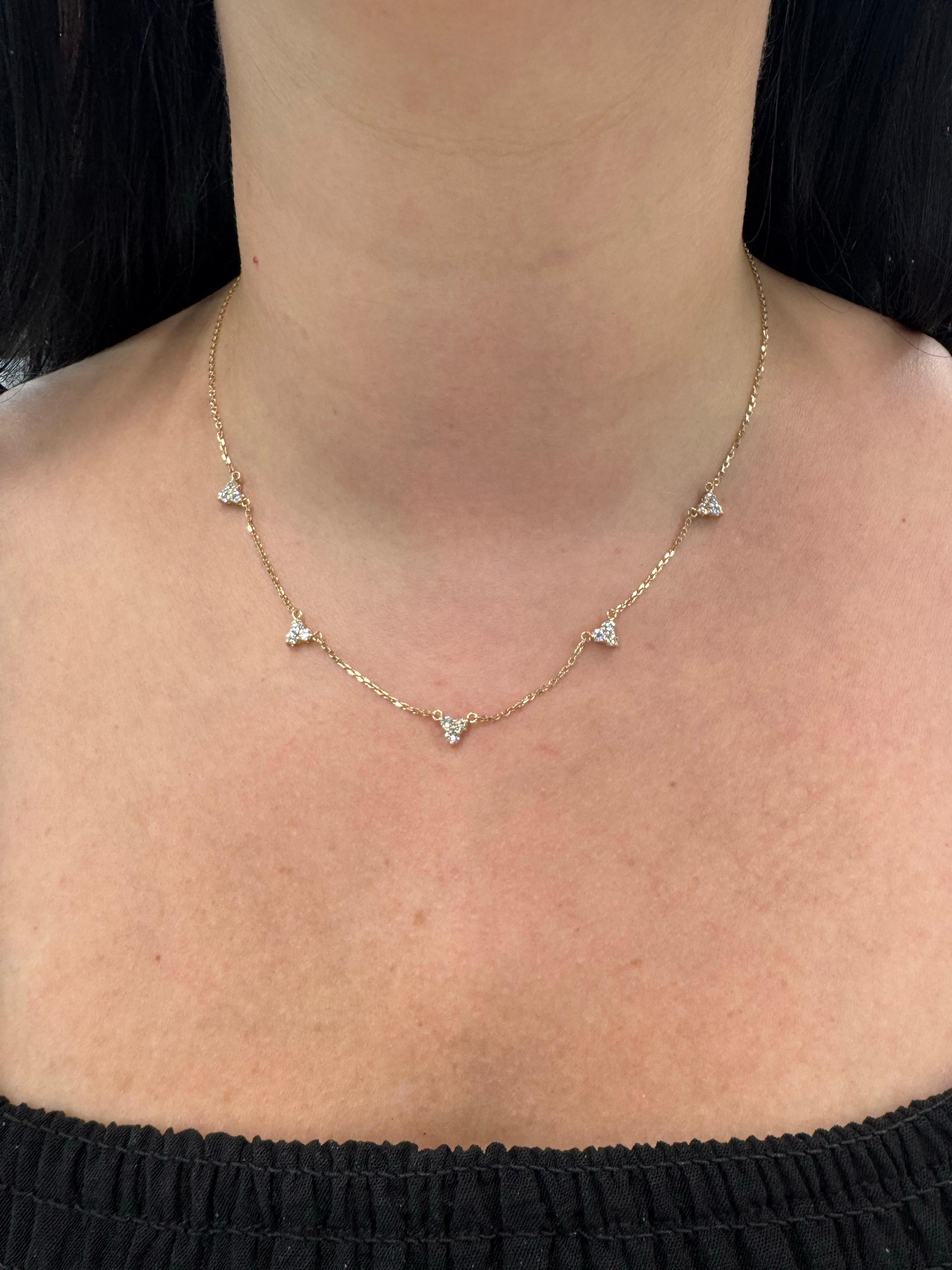 Five Diamond Drop Station Necklace 0.86 Carats 14KT Yellow Gold F-G VS2-SI1 For Sale 3