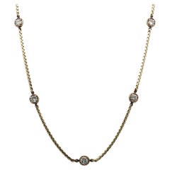 Five Diamond Station Bezel Set 14 Karat Yellow Gold Link Necklace 17 Inches