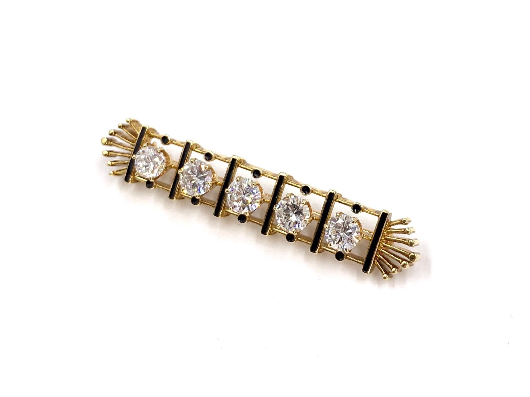 Retro Five Diamond Yellow Gold and Enamel Bar Brooch For Sale
