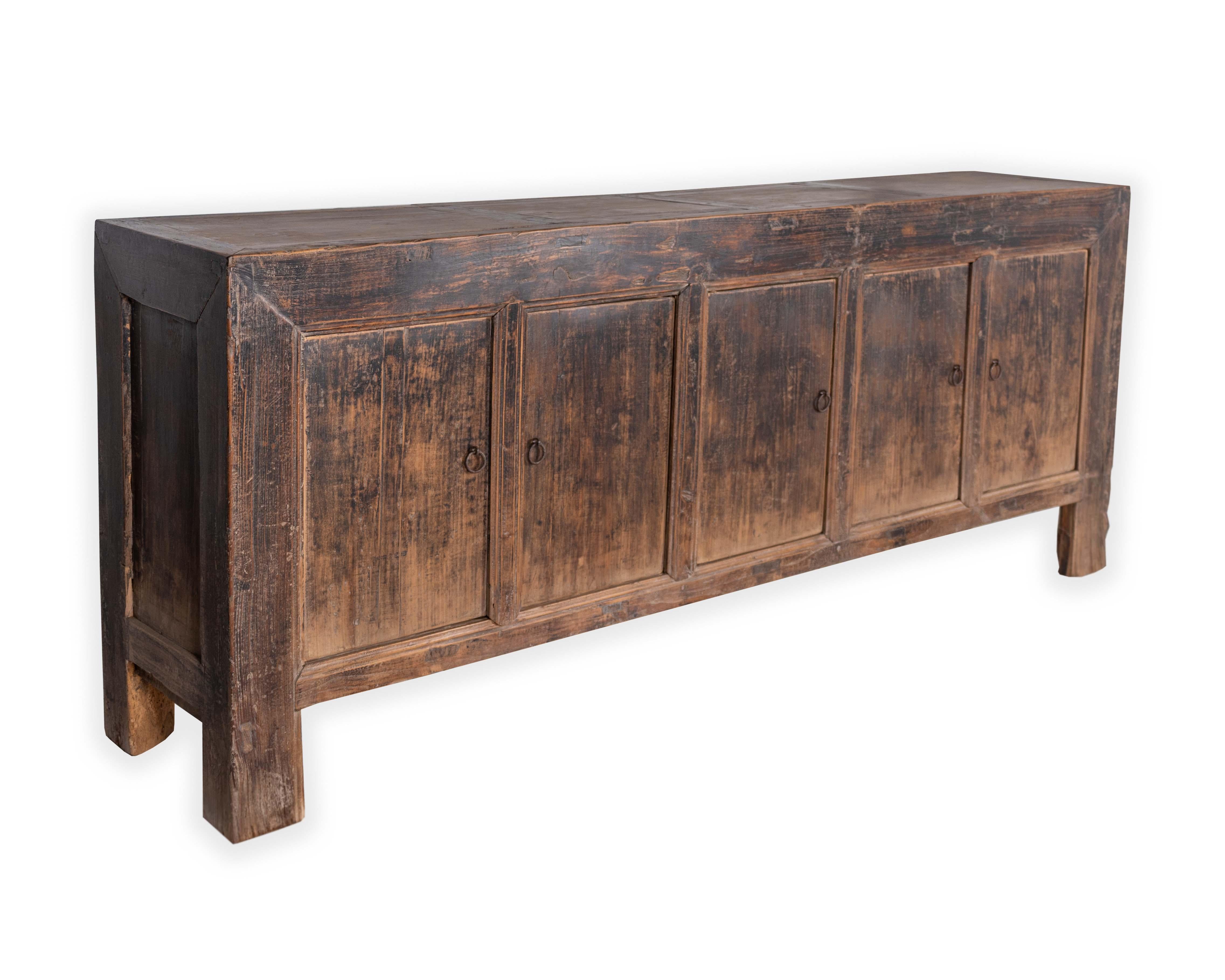 Five door deep brown server console table. Made from distressed wood. Designed in my organic, contemporary, and mid-century modern style.

This piece is a part of Brendan Bass’s one-of-a-kind collection, Le Monde. French for “The World”, the Le