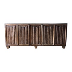 Hand Carved Scalloped Linen Folds Five-Door Walnut Credenza, France, 1940s