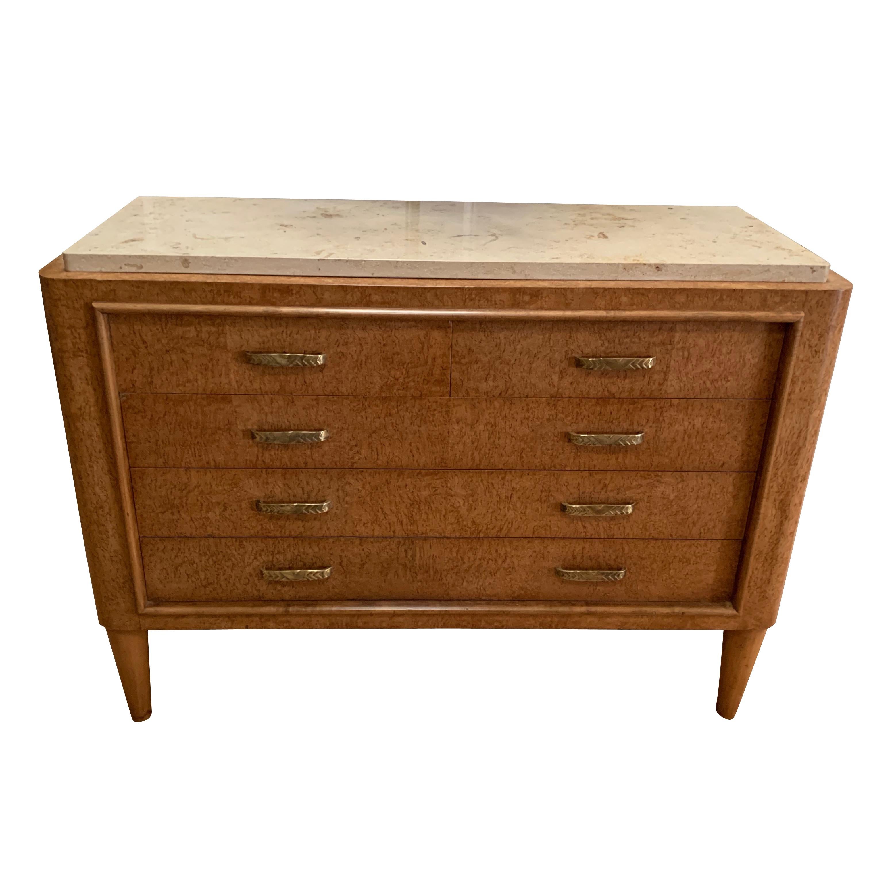 1930s French five-drawer commode with limestone top
Unusual amboyna burled wood
Original hardware.
 