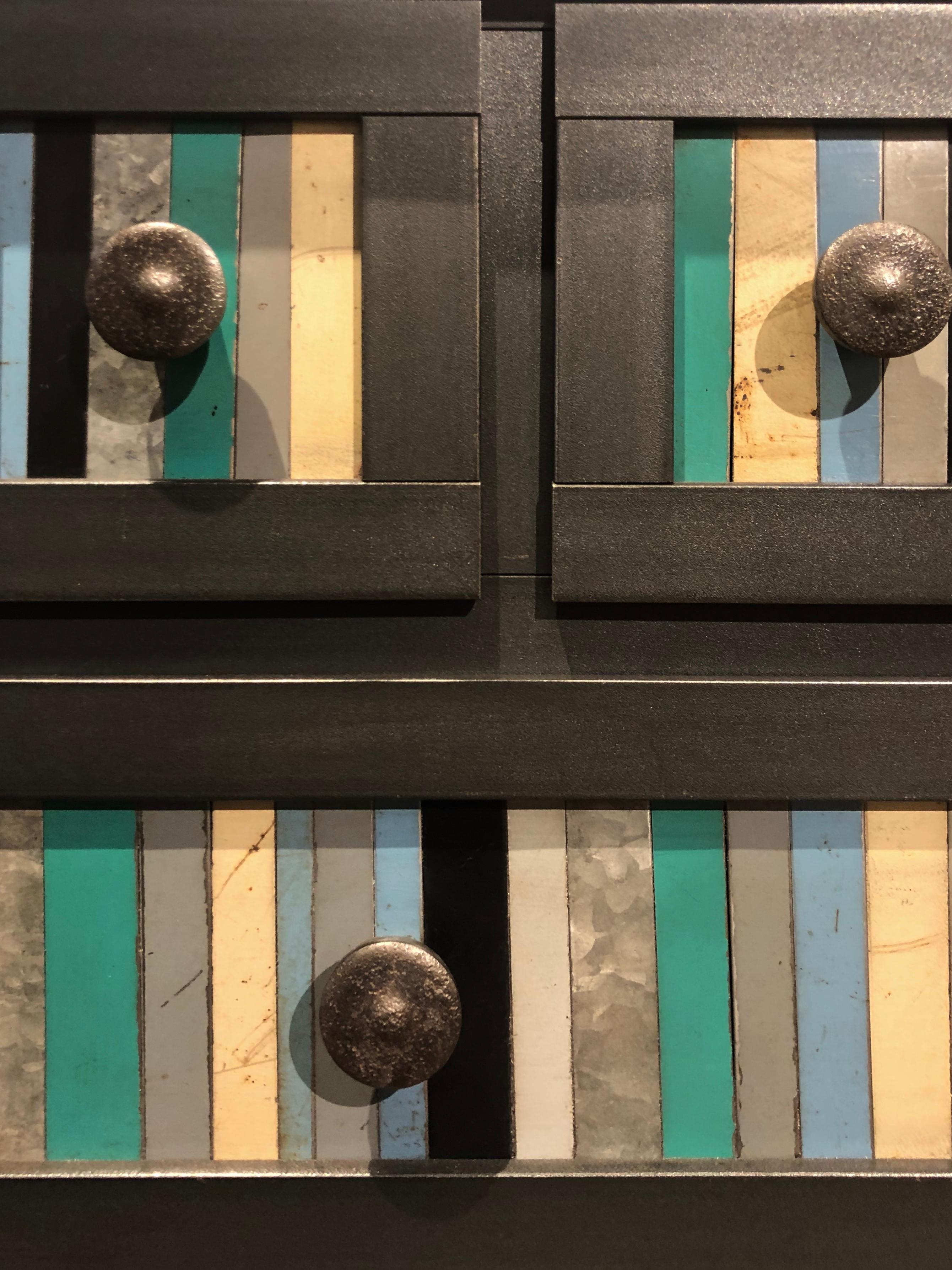 Welded Jim Rose Five-Drawer Strip Quilt Table, Steel Furniture, Found Multicolor Panels