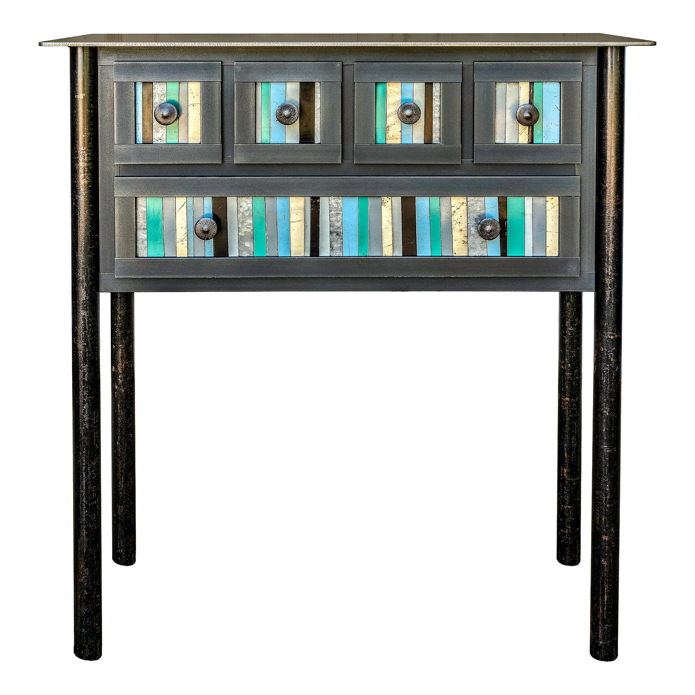Jim Rose Five-Drawer Strip Quilt Table, Steel Furniture, Found Multicolor Panels