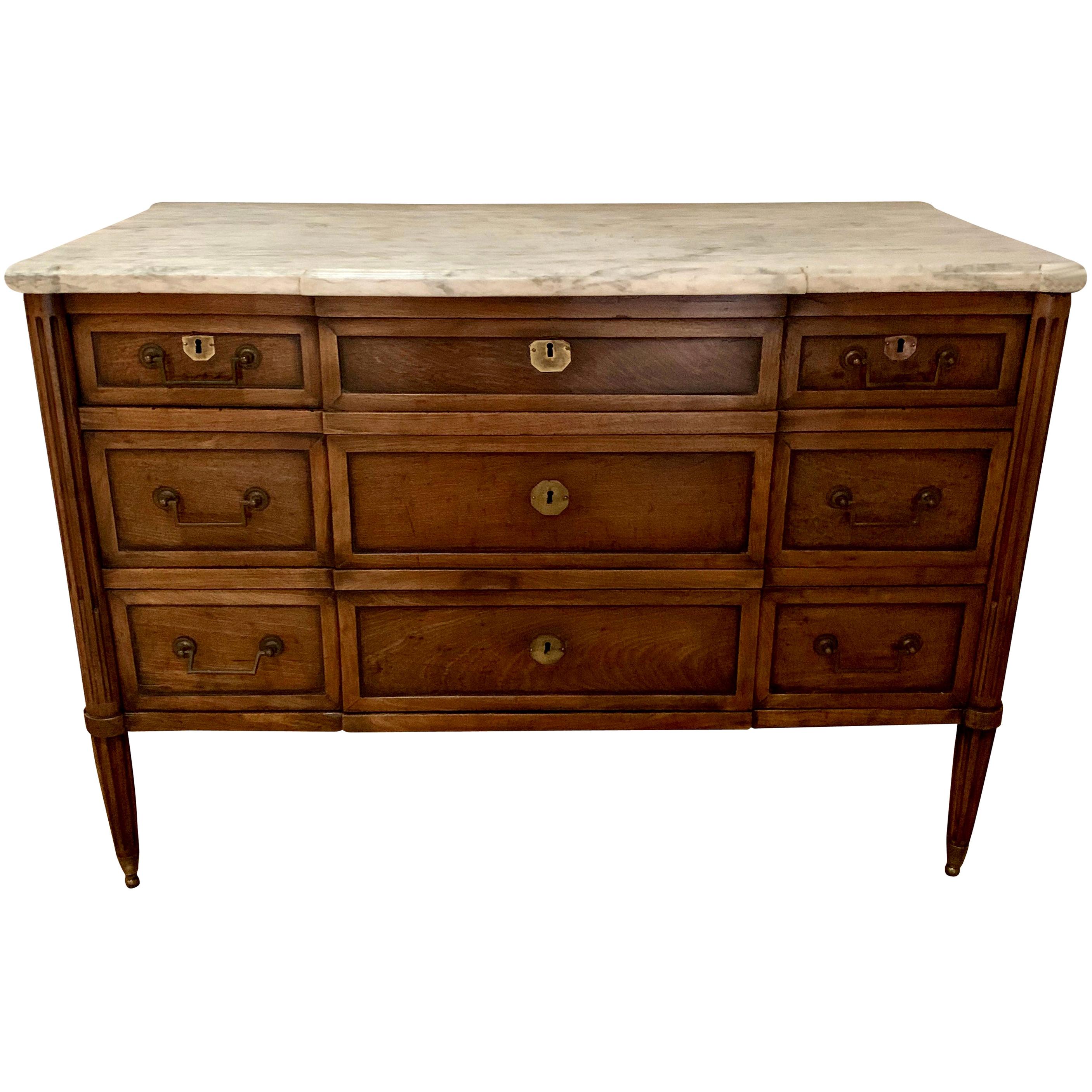 Five-Drawer Marble-Top Walnut Bureau, France, 18th Century For Sale