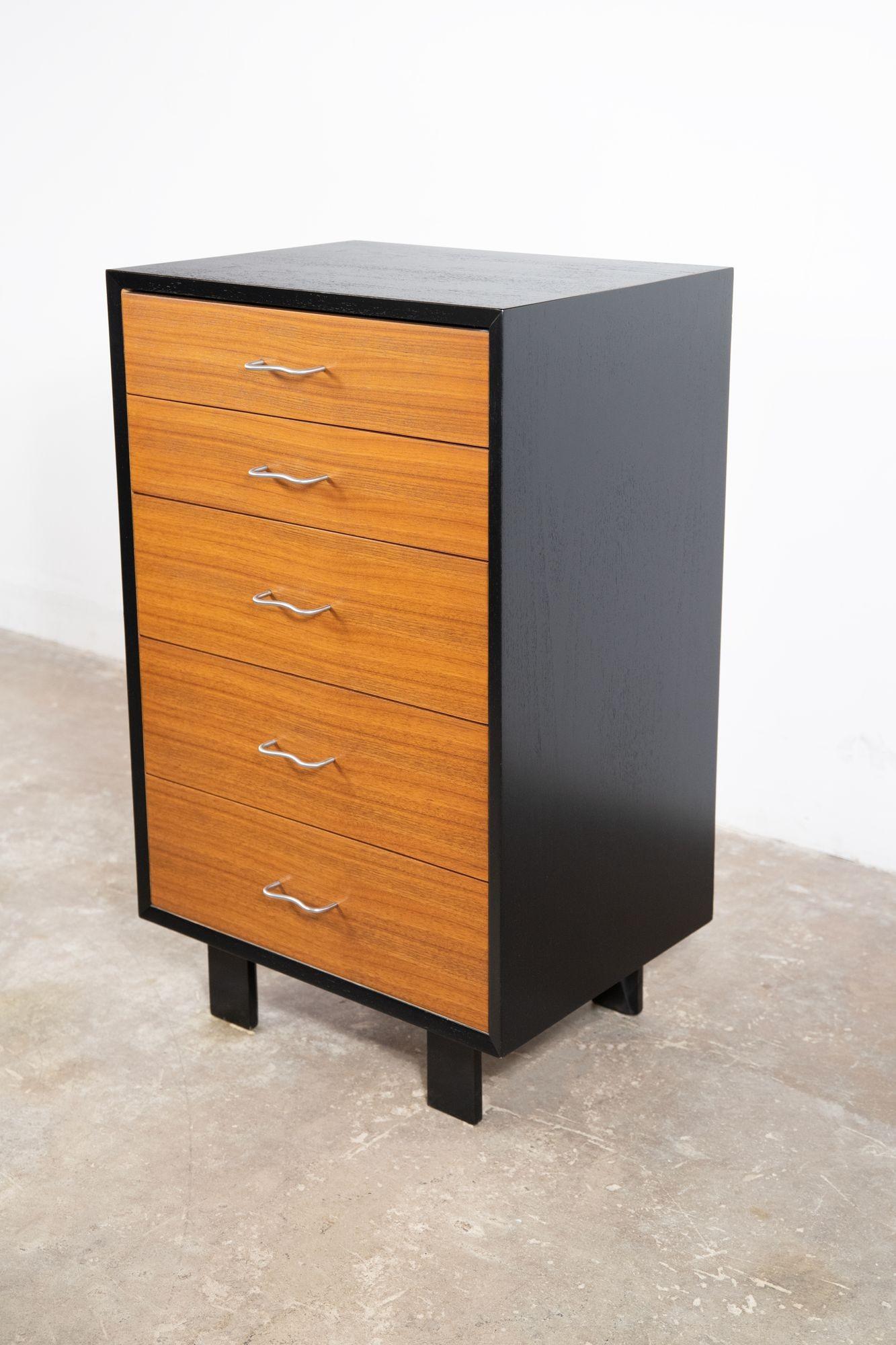 Five-drawer tall cabinet model 4610 with matching two-door server cabinet model 4625 designed by George Nelson for Herman Miller 1952. Both cabinets are in excellent restored condition and were in the dining room of an estate designed by architect