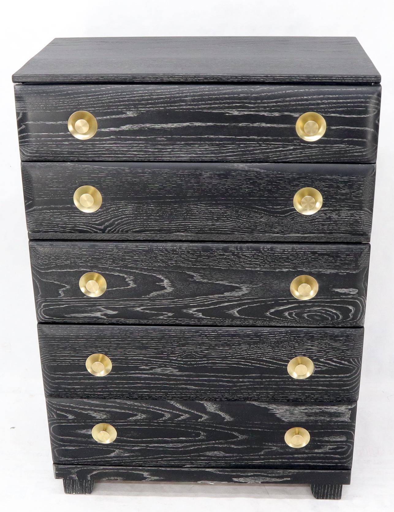 Mid-Century Modern Five Drawers Cerused Oak Brass Hardware High Chest Dresser For Sale