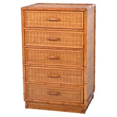 Five-Drawers Midcentury Rattan and Bamboo Chest of Drawers or Nightstand, 1970s
