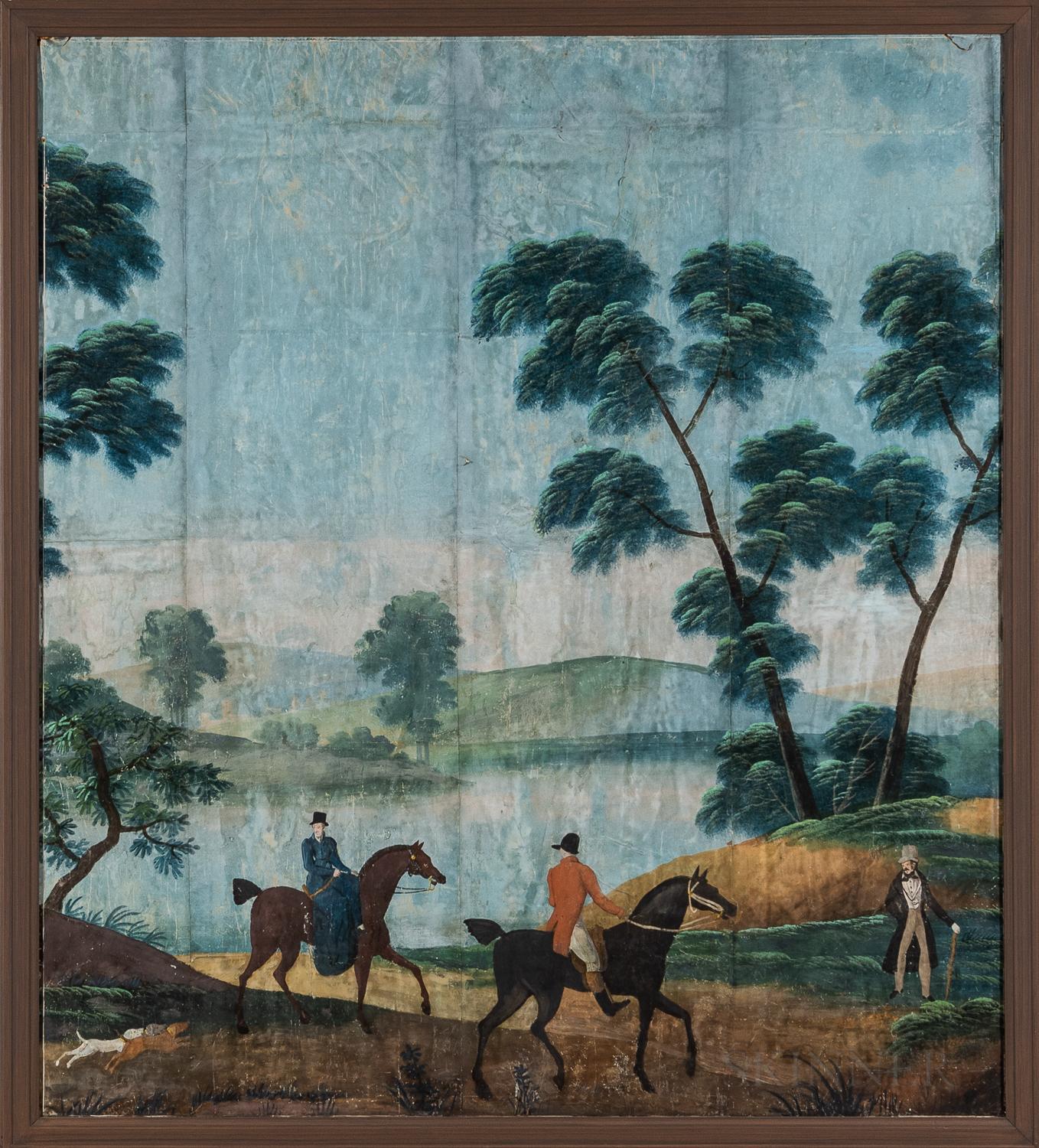 Five framed French Papier Peint wallpaper murals, early 19th century, figural country landscapes with riders on horseback, neoclassical hand-painted

Sight sizes 75 x 135 3/4, 75 x 67 1/4, 74 1/2 x 44 1/2, 74 1/2 x 24, 74 1/2 x 21 3/4.