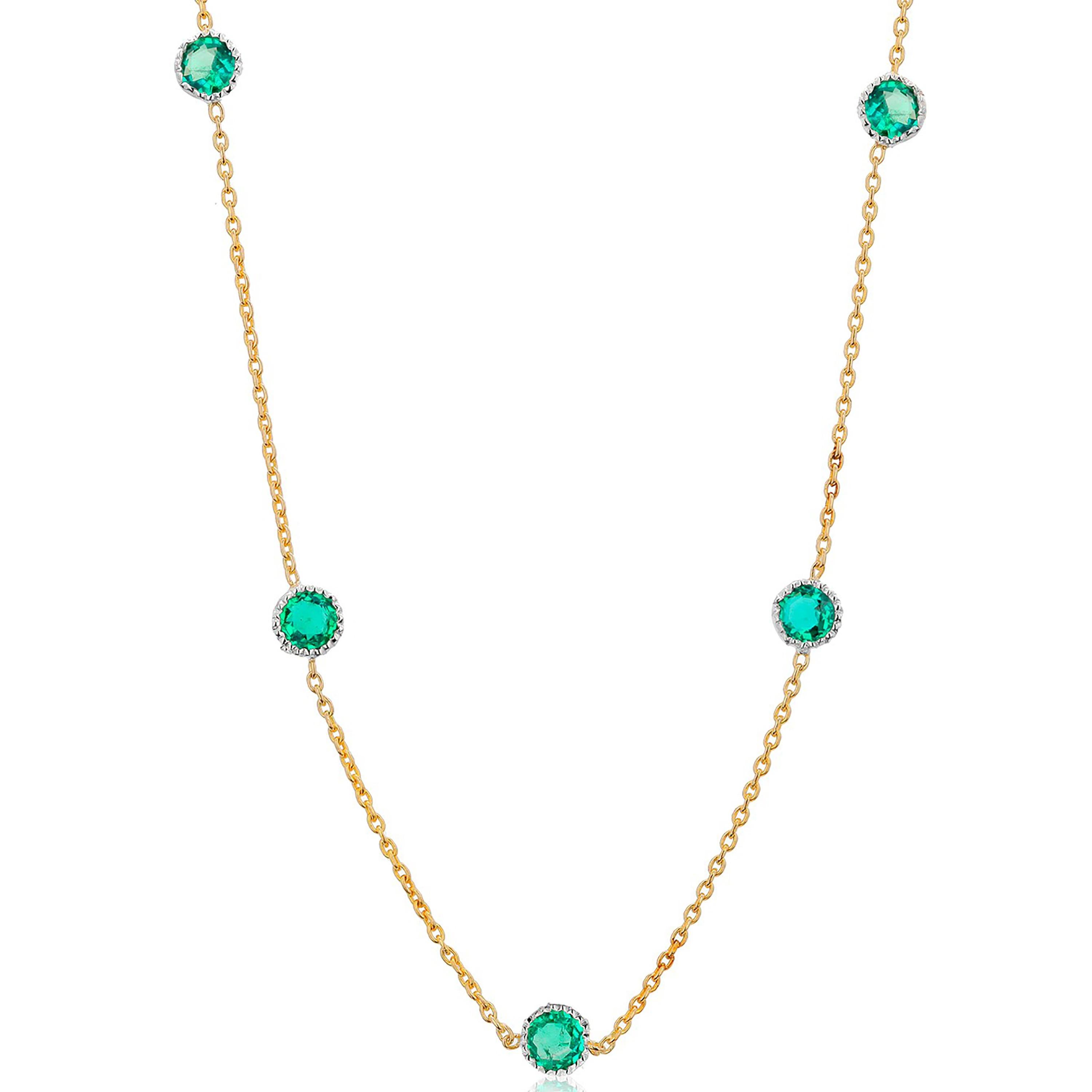 Modern Five Emeralds Bezel Set Two-Tone Gold Pendant Necklace