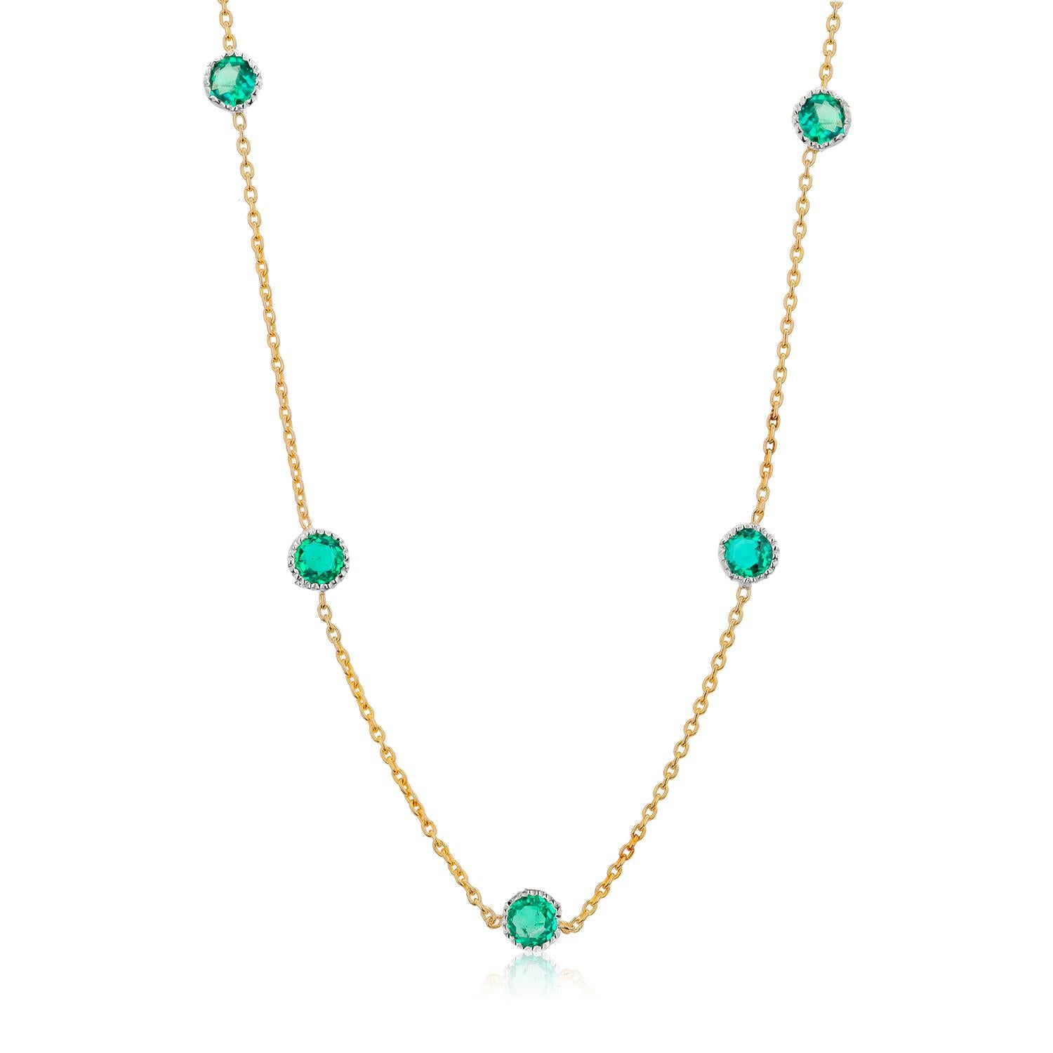 Round Cut Five Emeralds Bezel Set Two-Tone Gold Pendant Necklace