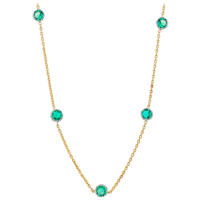 Five Emeralds Bezel Set Two-Tone Gold Pendant Necklace at 1stDibs