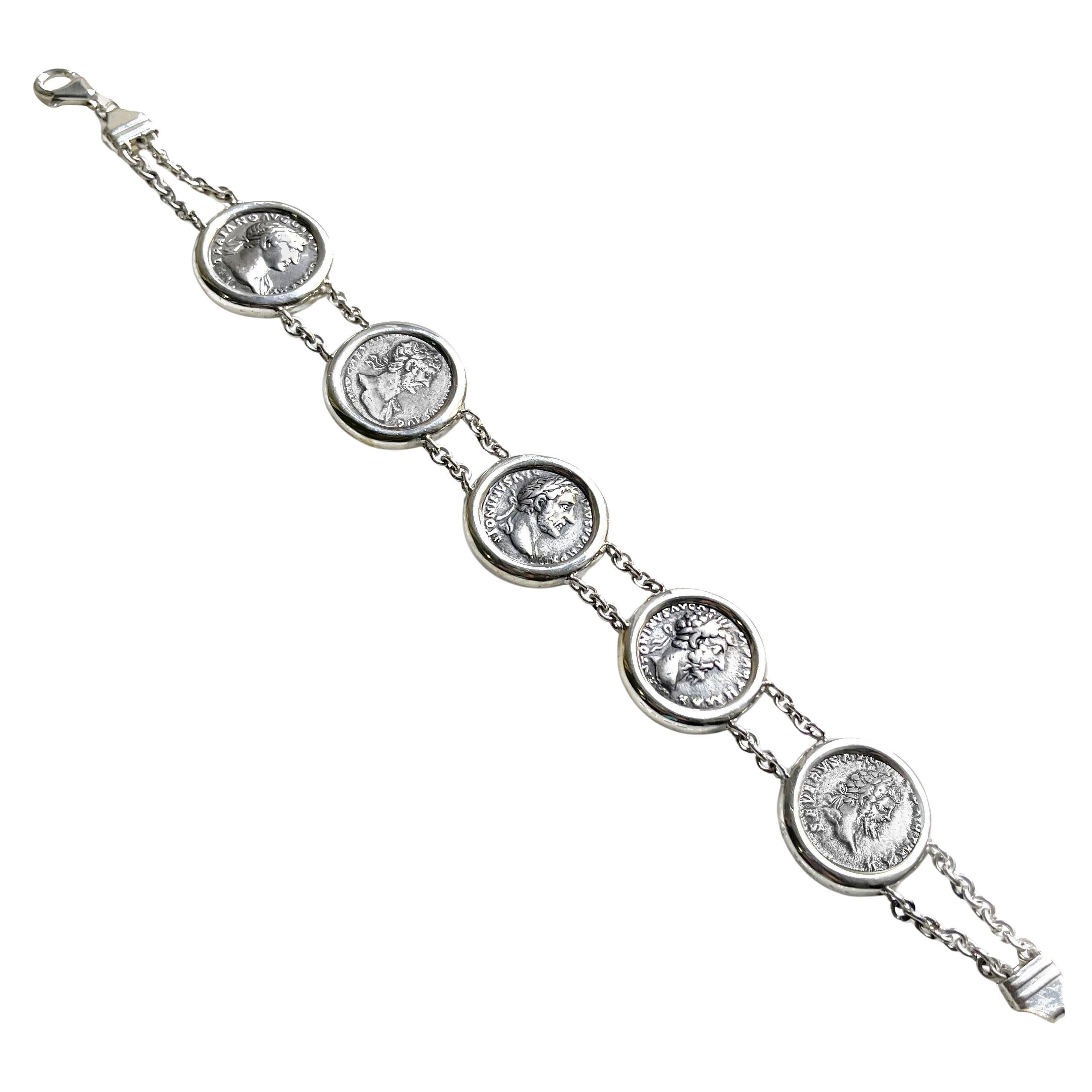 CINQ EMPEREURS Monnaies romaines antiques 2e s. Bracelet en argent ADS