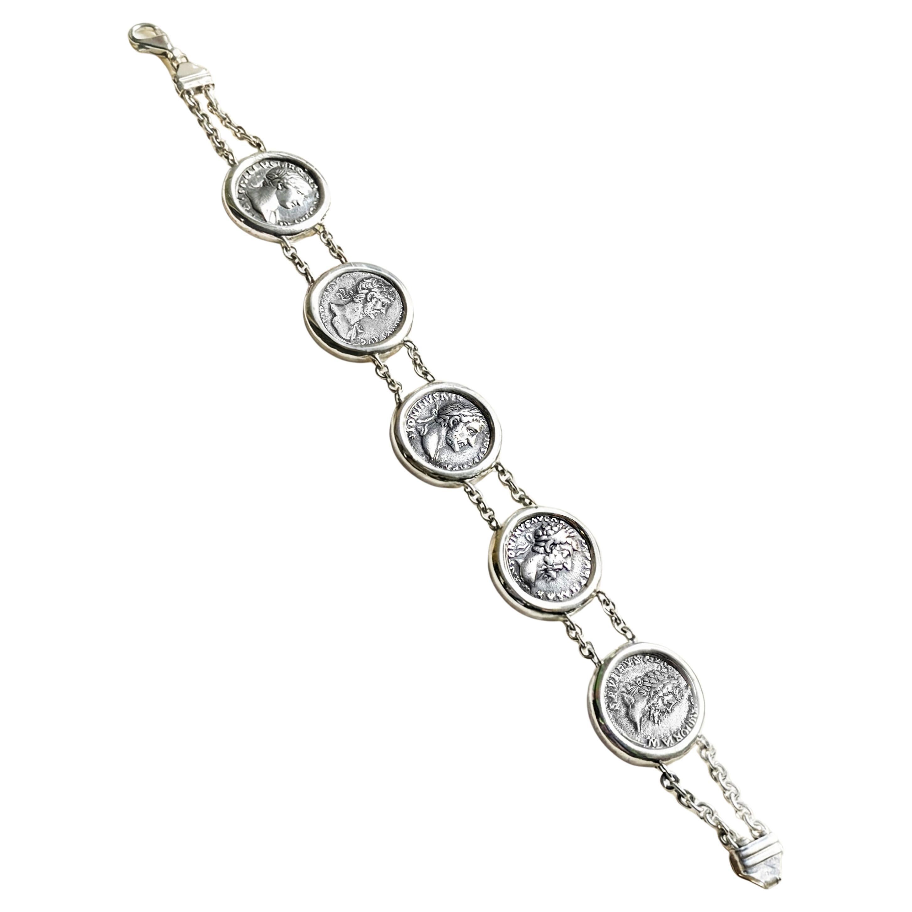 FIVE EMPERORS Ancient Roman coins 2nd Cent. AD Silver Bracelet